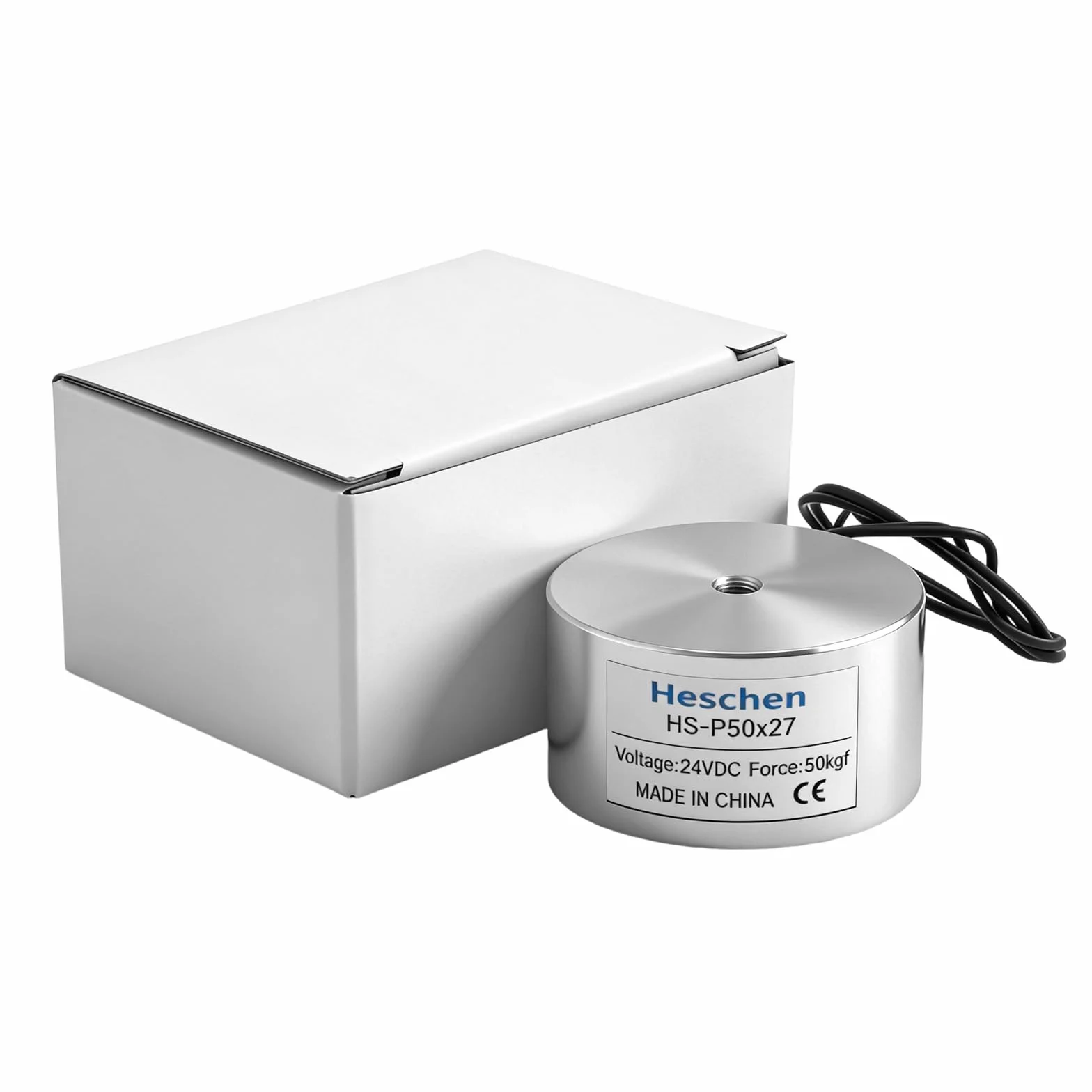 Heschen Elektromagnes elektromagnetyczny, srebrny, okrągły, DC 24 V, 50 kg/110 lb, średnica zewnętrzna 50 mm, rozmiar gwintu M4, długość kabla 23 cm