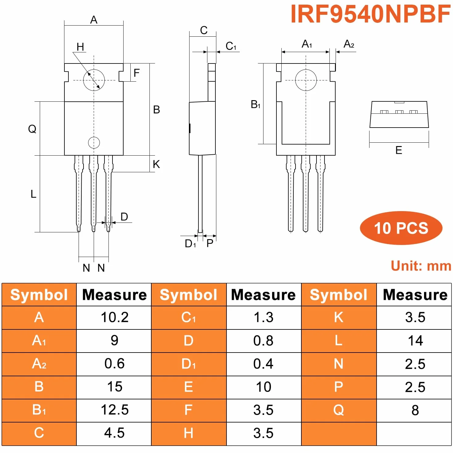 IRF9540N MOSFET Tranzystor Mocy 23A 100V TO-220 10 Sztuk