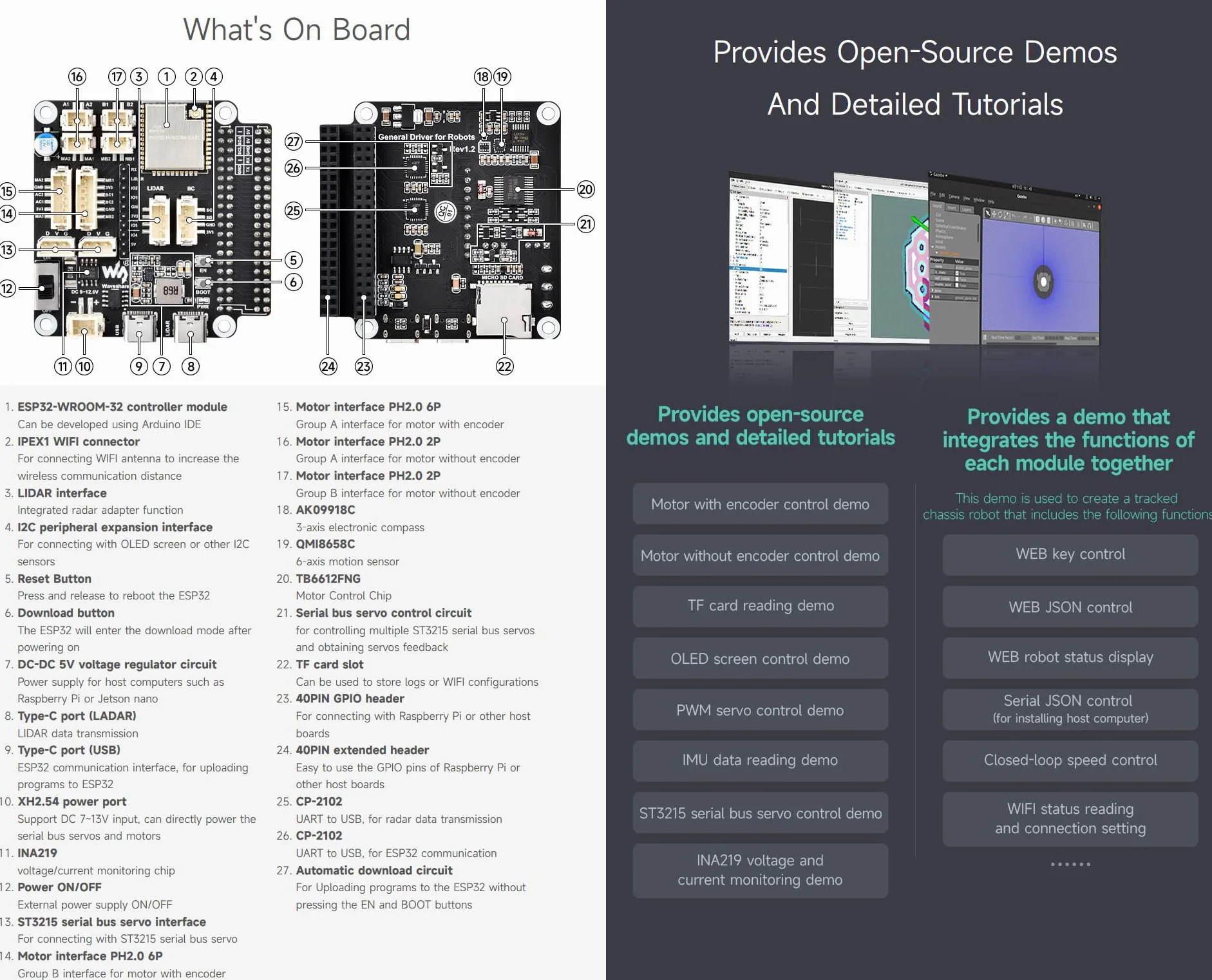 Waveshare General Driver Board for Robots, Multi-Function Expansion, WiFi/ESP-NOW, Compatible with Raspberry Pi, Jetson Nano, ESP32-WROOM-32, ESP32 Dev Board