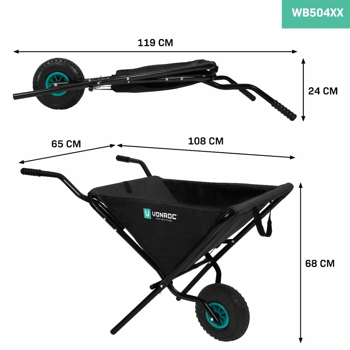 VONROC Składana Taczka Ogrodowa 30kg 50L Pojemność Ergonomiczne Uchwyty