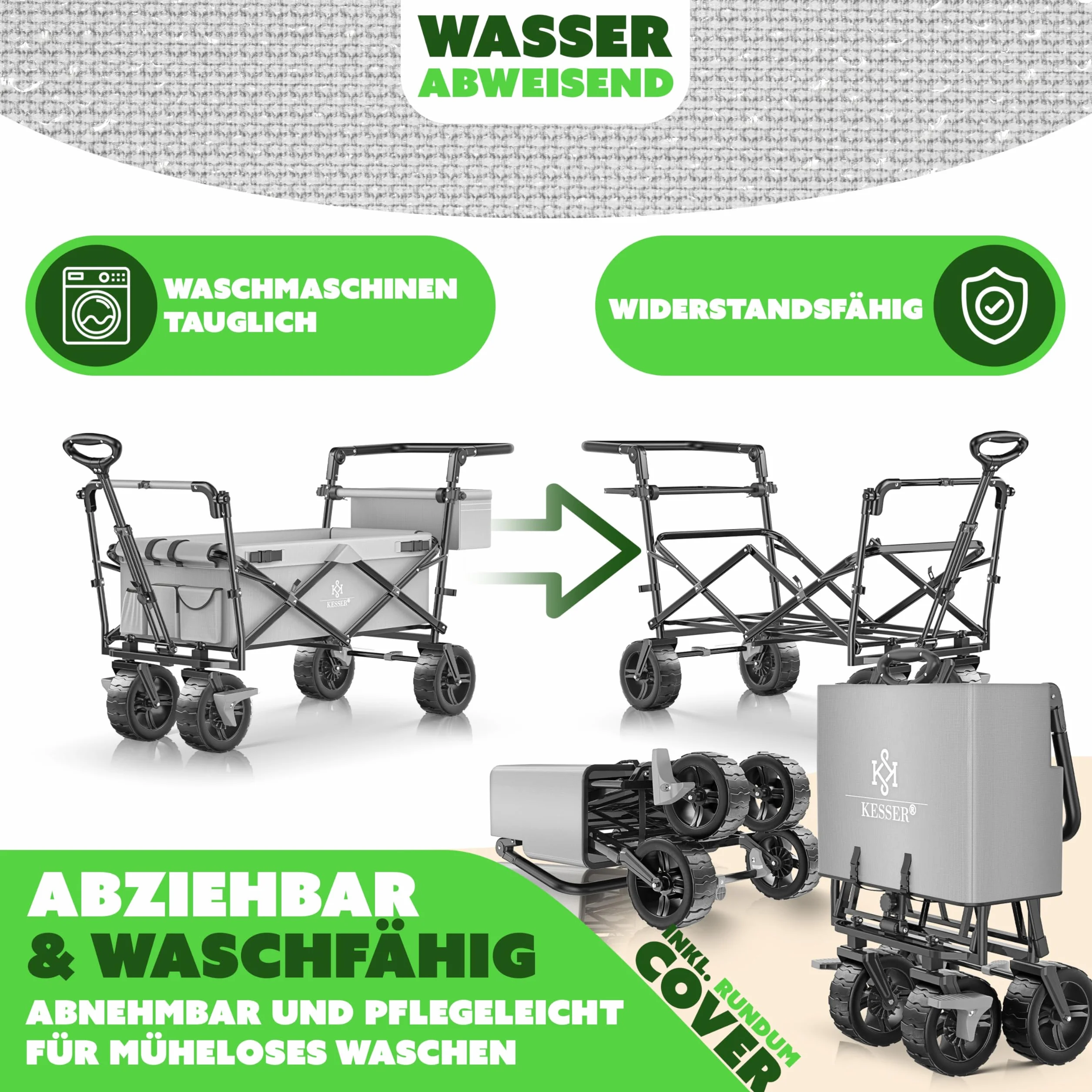 KESSER GT9000 Składany wózek transportowy z dachem, do 80 kg (w zestawie torba do noszenia) – szary