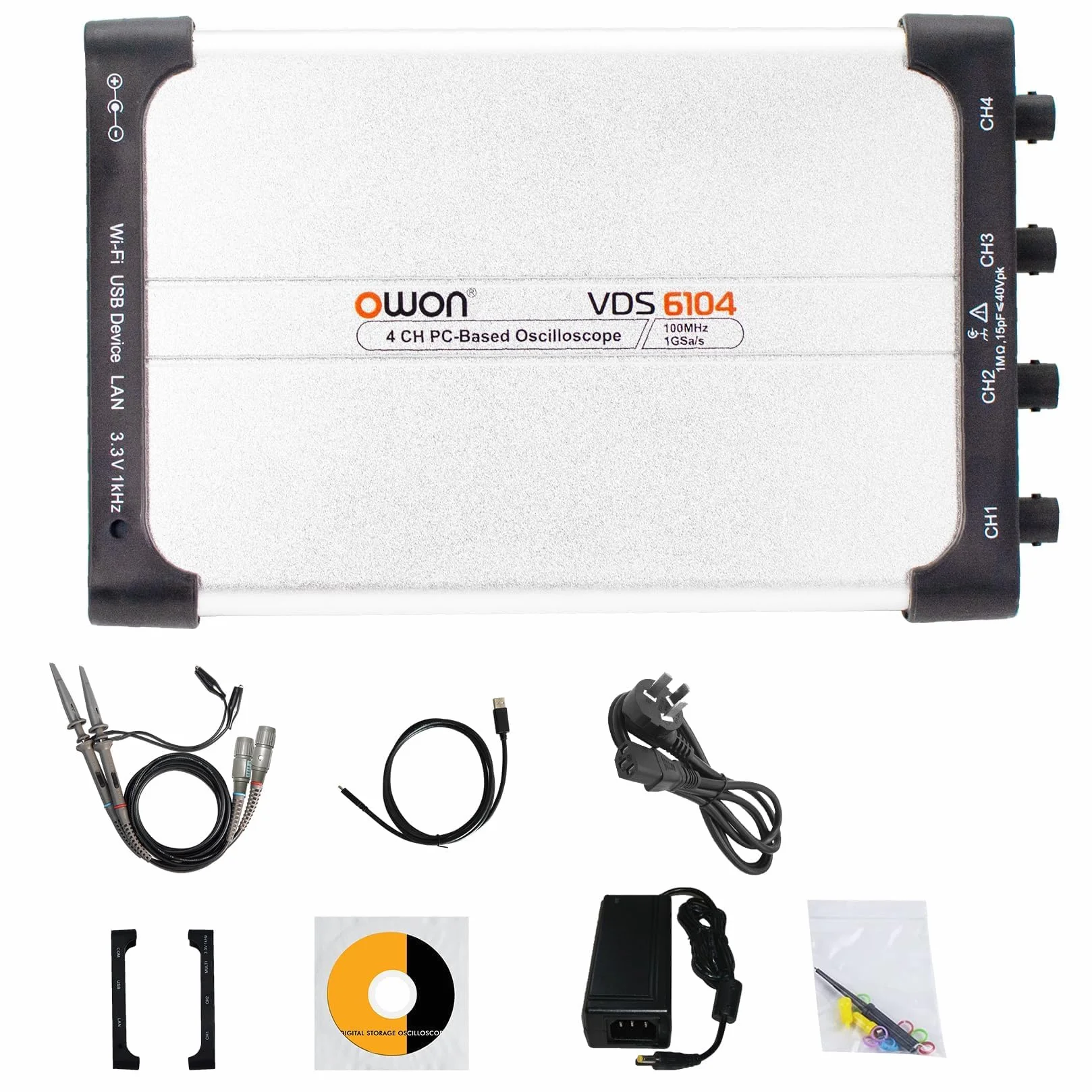 OWON VDS6104 wirtualny oscyloskop USB 4 kanały 100 MHz 1Gsa/s 8 bitów ADC przenośny cyfrowy oscyloskop PC