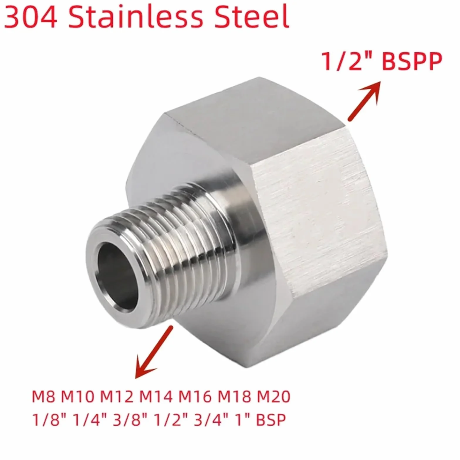Złącze do rur wysokociśnieniowych ze stali nierdzewnej 304, gwint żeński 1/2" BSPP, gwint męski 1/8"-3/4" BSP