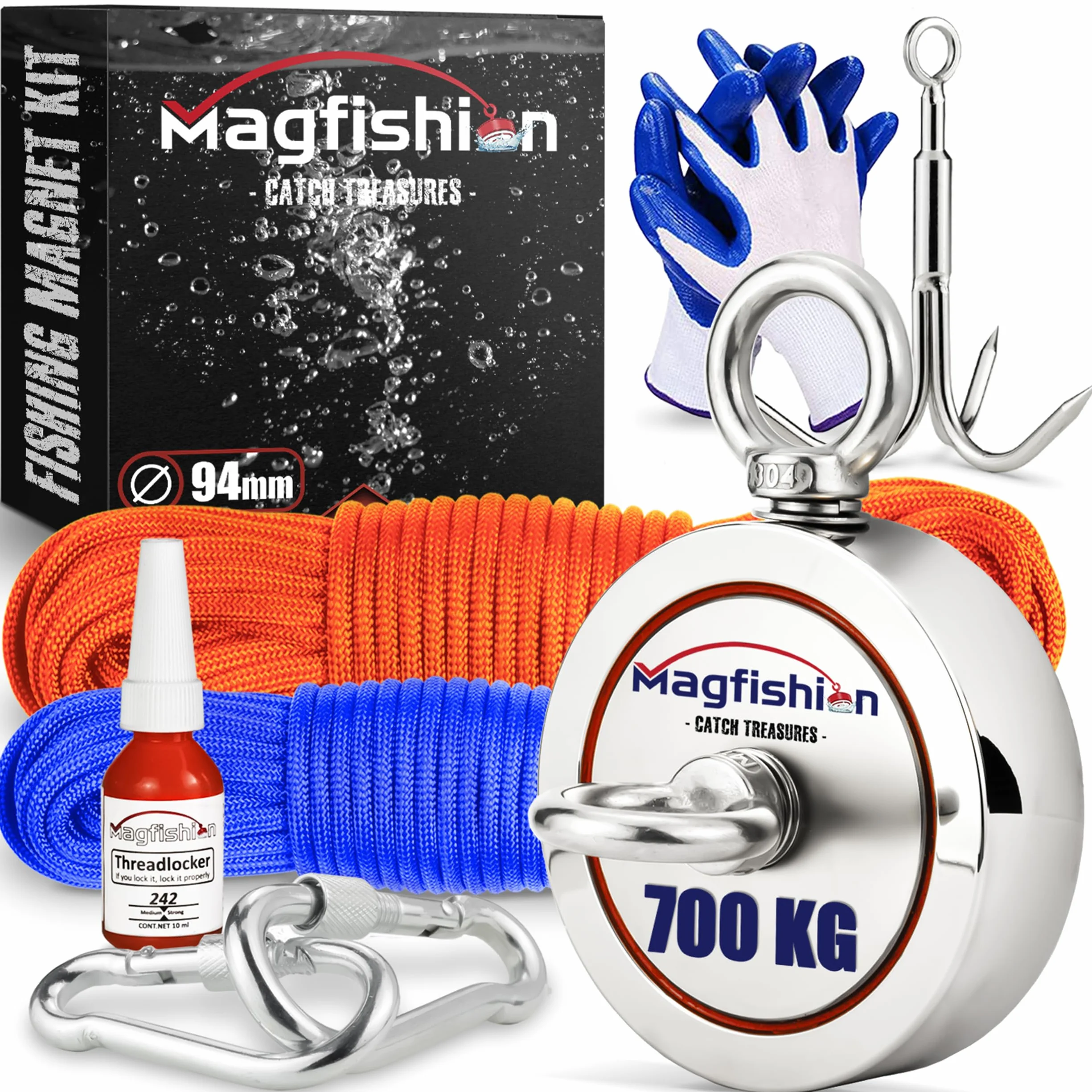 MAGFISHION Dwustronny Zestaw do Magnetycznego Wędkarstwa - Siła Przyciągania 700KG (2x 350KG) - Ø94mm - Magnes Neodymowy z 2 Linami, Hak Grabiący & Rękawice - Magnes Ryba