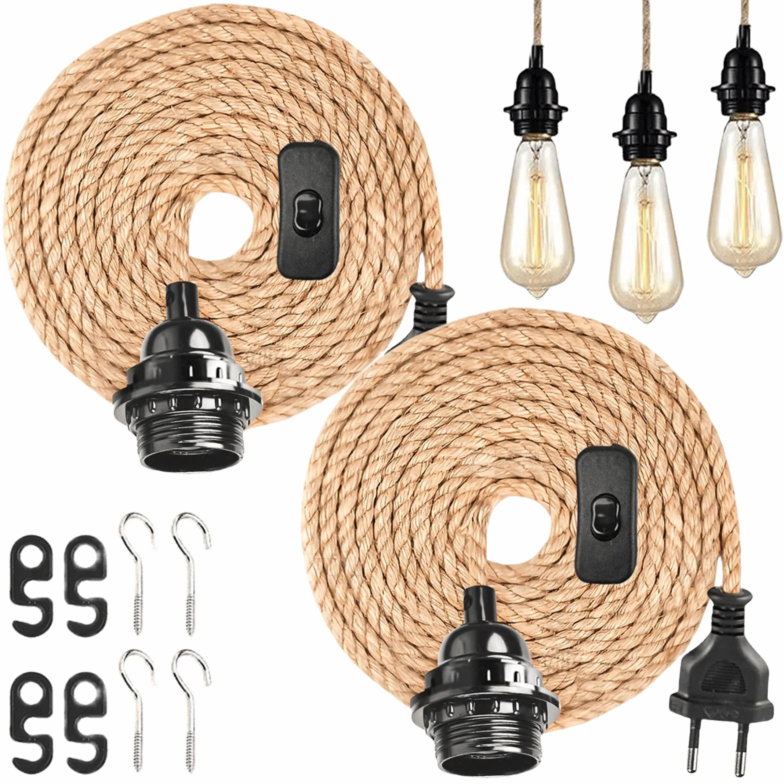 Oprawa lampy E27 z kablem 4,5 m, skręcona oprawka, przełącznik, styl vintage, 2 sztuki