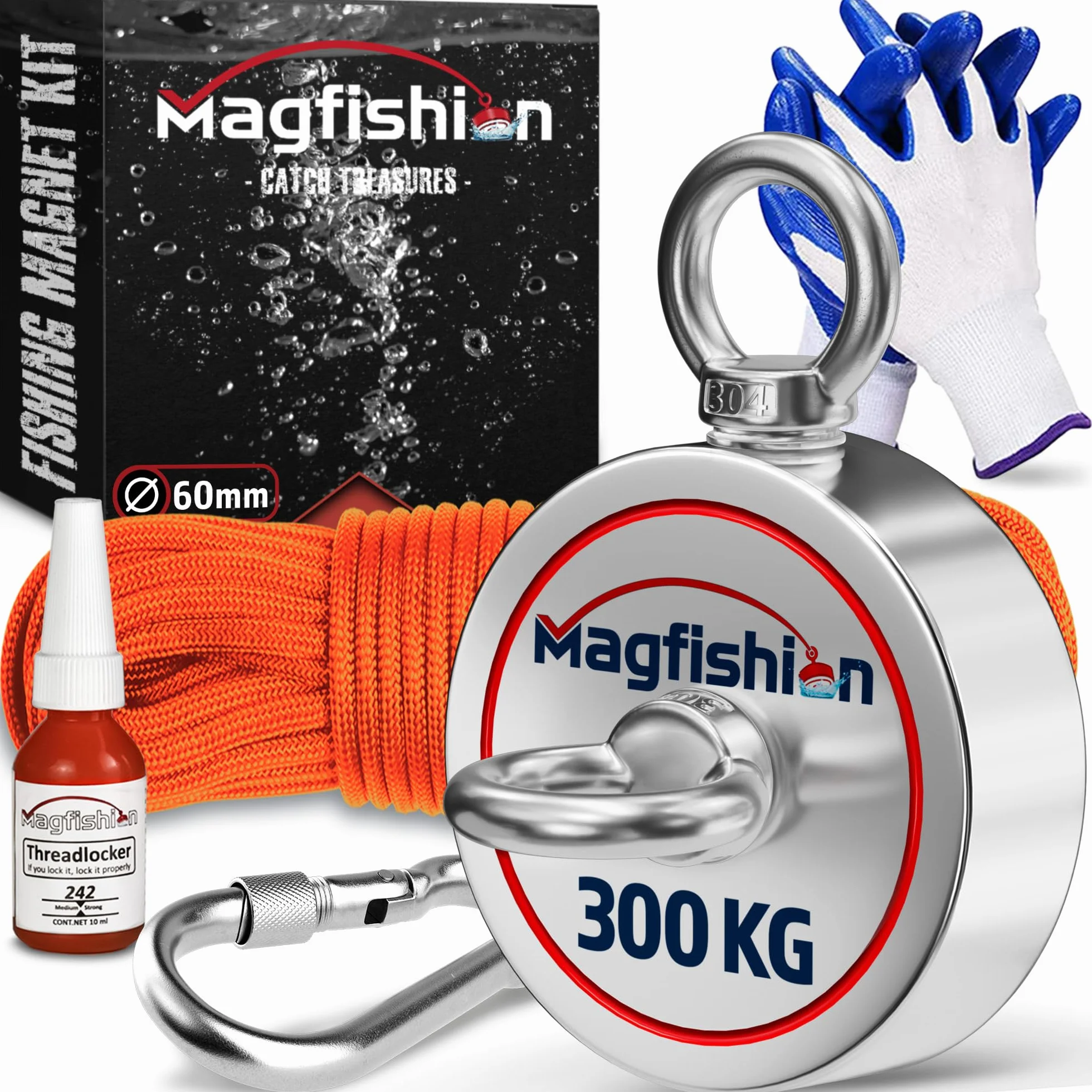 MAGFISHION Dwustronny Zestaw do Magnetycznego Wędkarstwa 300KG Ø60mm Magnes Neodymowy 20M