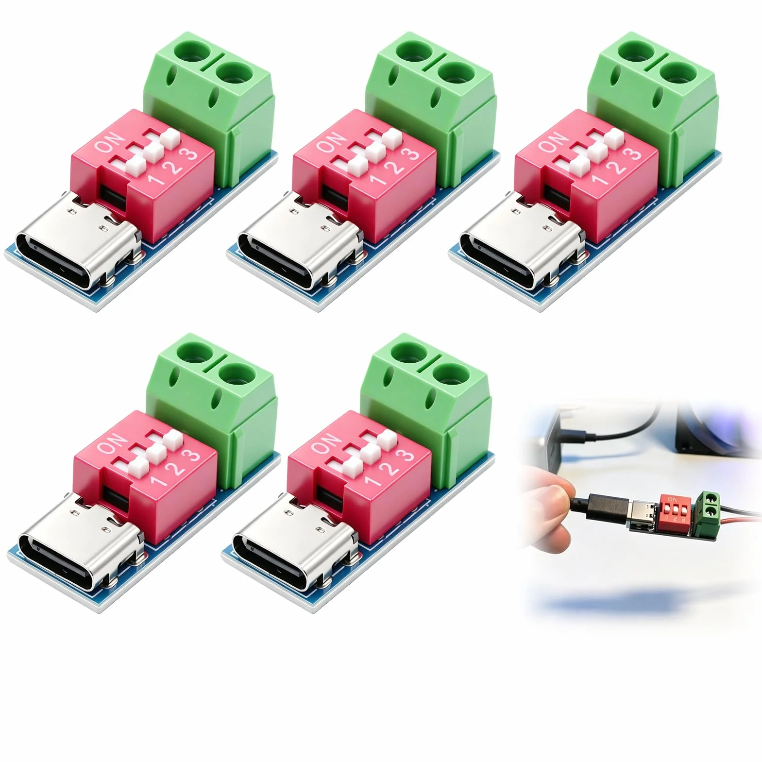 5 sztuk USB C PD Wyzwalacz Moduł,PD/QC Decoy Board z DIP,Wyzwalacz Napięcie Regulowane 5V/9V/12V/15V/20V,Moduł Dostawy Doładowania 100W dla DIY,Laboratorium i Testowanie