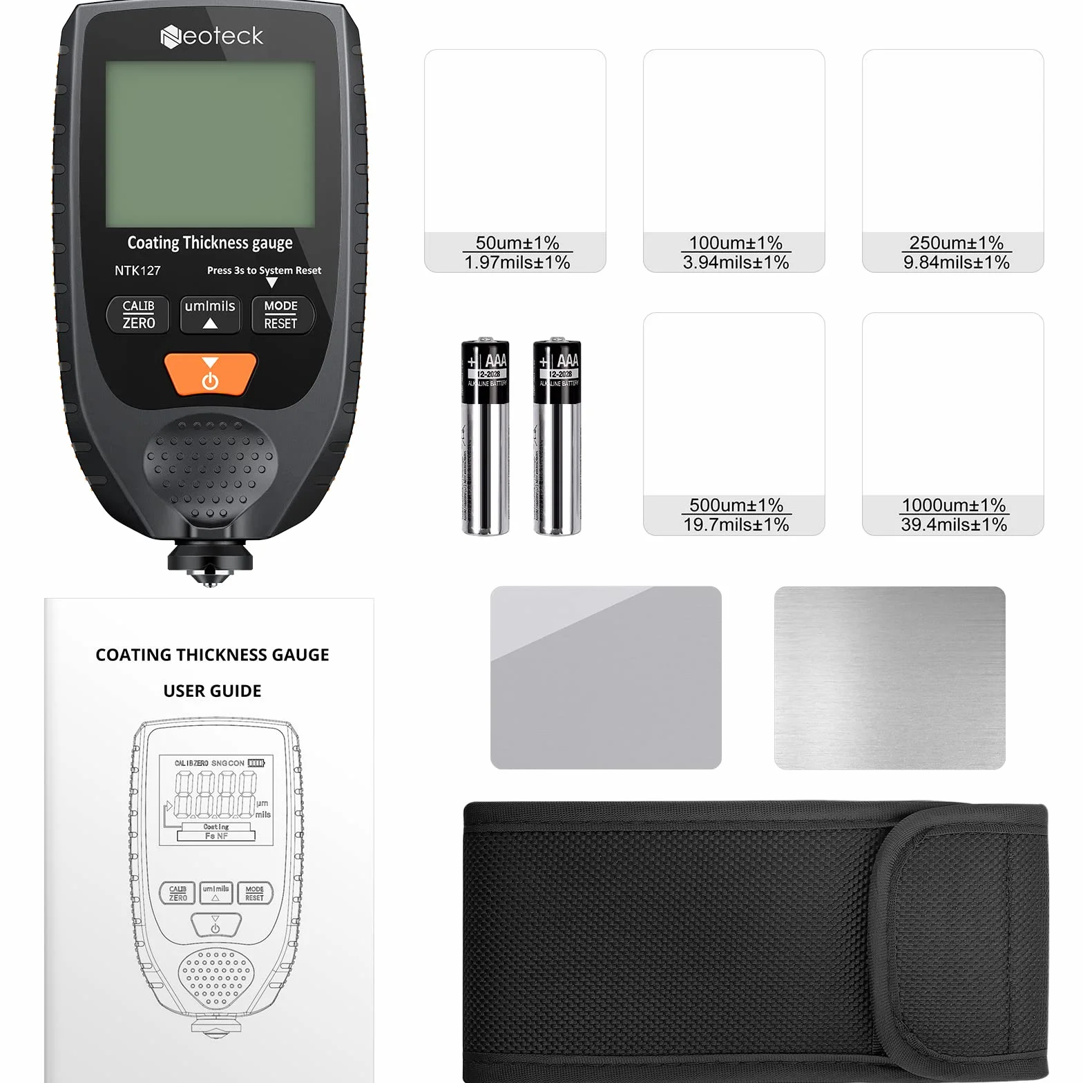 Neoteck Grubość 0-1500um Miernik grubości powłoki lakieru samochodowego Sonda Fe&NFe z metalowym podświetleniem samochodowym ze stalową i aluminiową podstawą