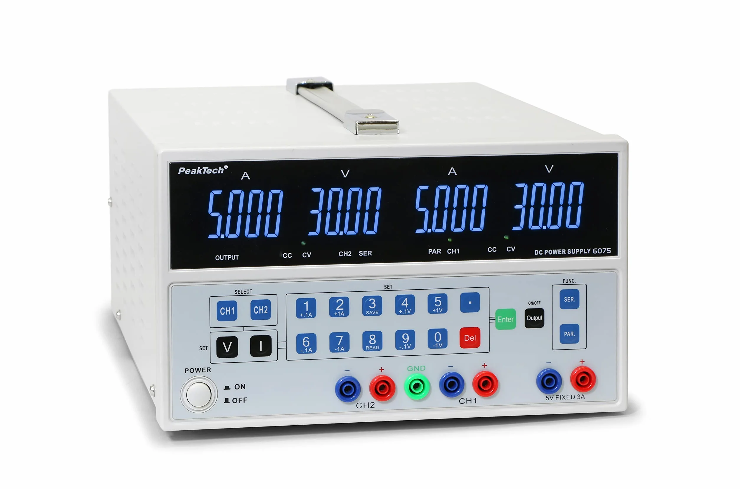 PeakTech P 6075 - Liniowy podwójny zasilacz laboratoryjny ~ 0-30 V / 0-5 A ~ z przyciskiem sterującym