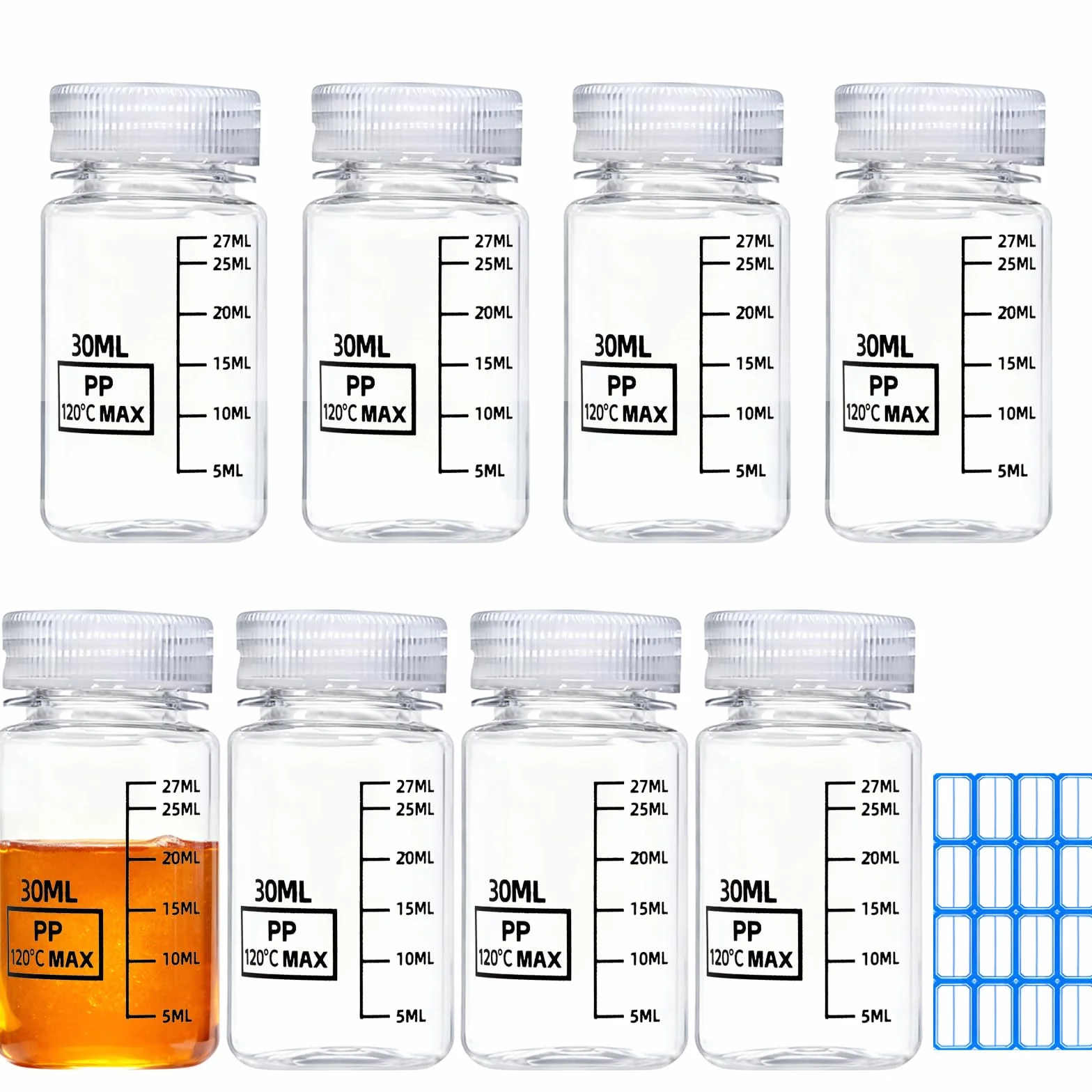 DKBT 8 sztuk butelek z szeroką szyjką ze skalą, 30 ml, plastikowe, puste butelki laboratoryjne, szczelne, z polietylenu (HDPE), do butelek na próbki wody