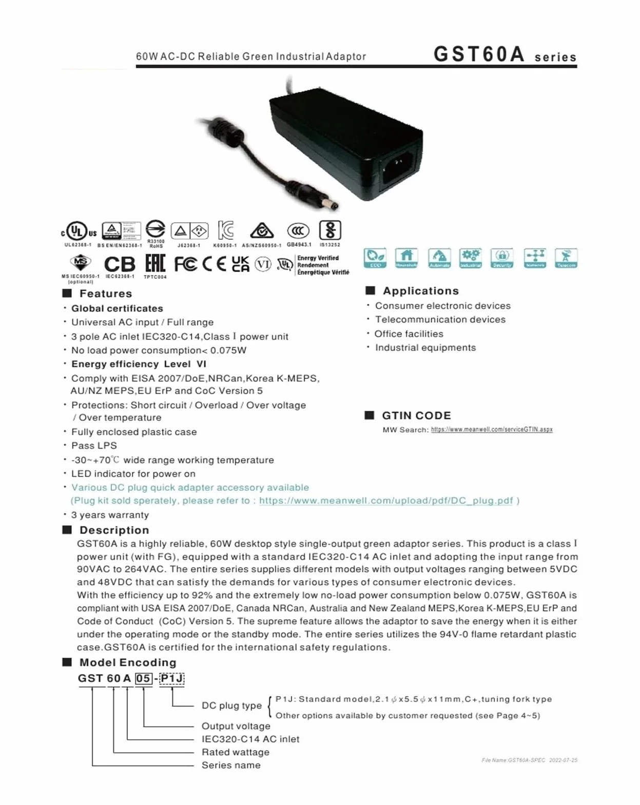 GST60A12-P1J AC-DC 60W 12V 5A Adapter przemysłowy