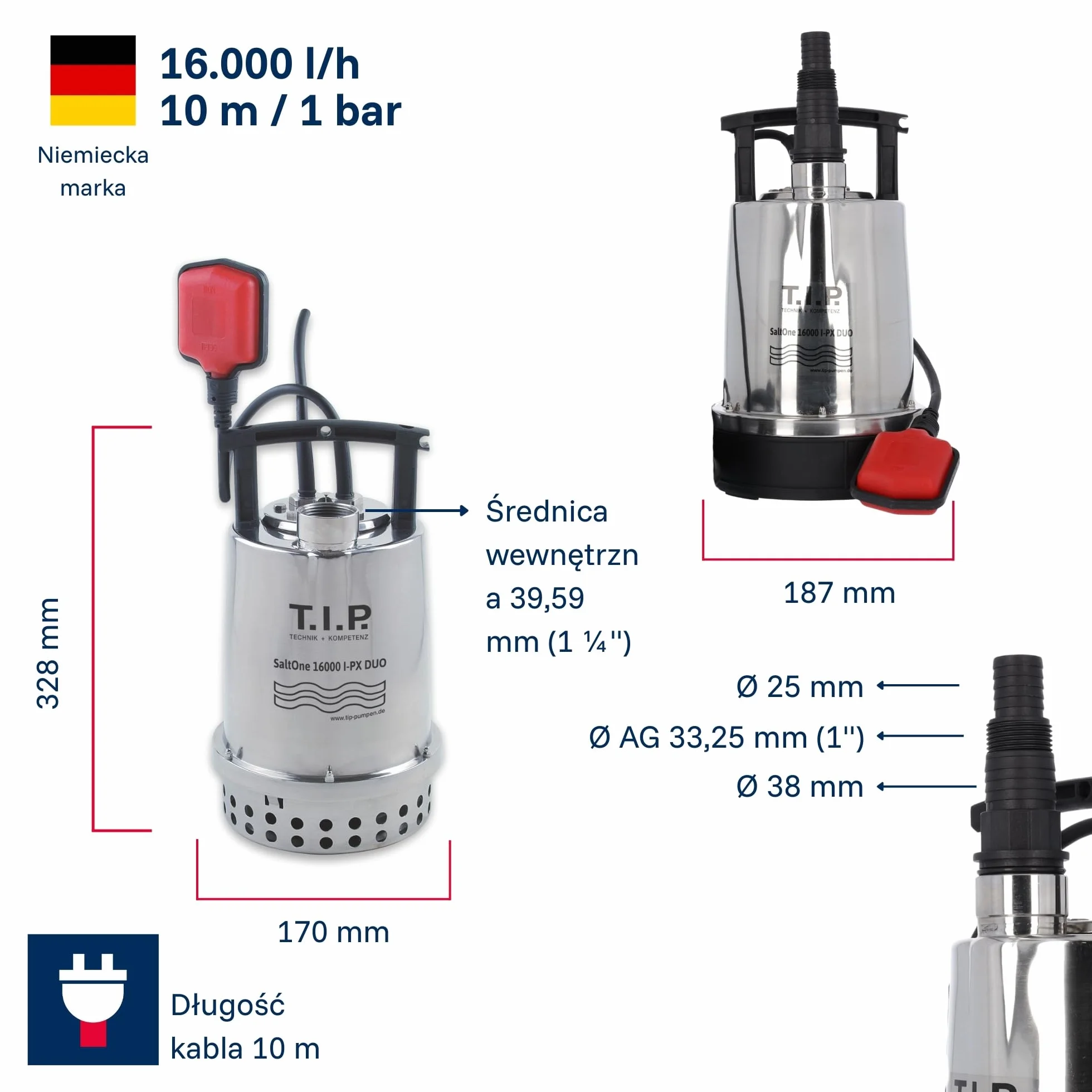 T.I.P. SaltOne 16000 I-PX DUO Pompa Zanurzalna do Brudnej Wody 16000 l/h Stal Nierdzewna 1mm Płaskie Zasysanie