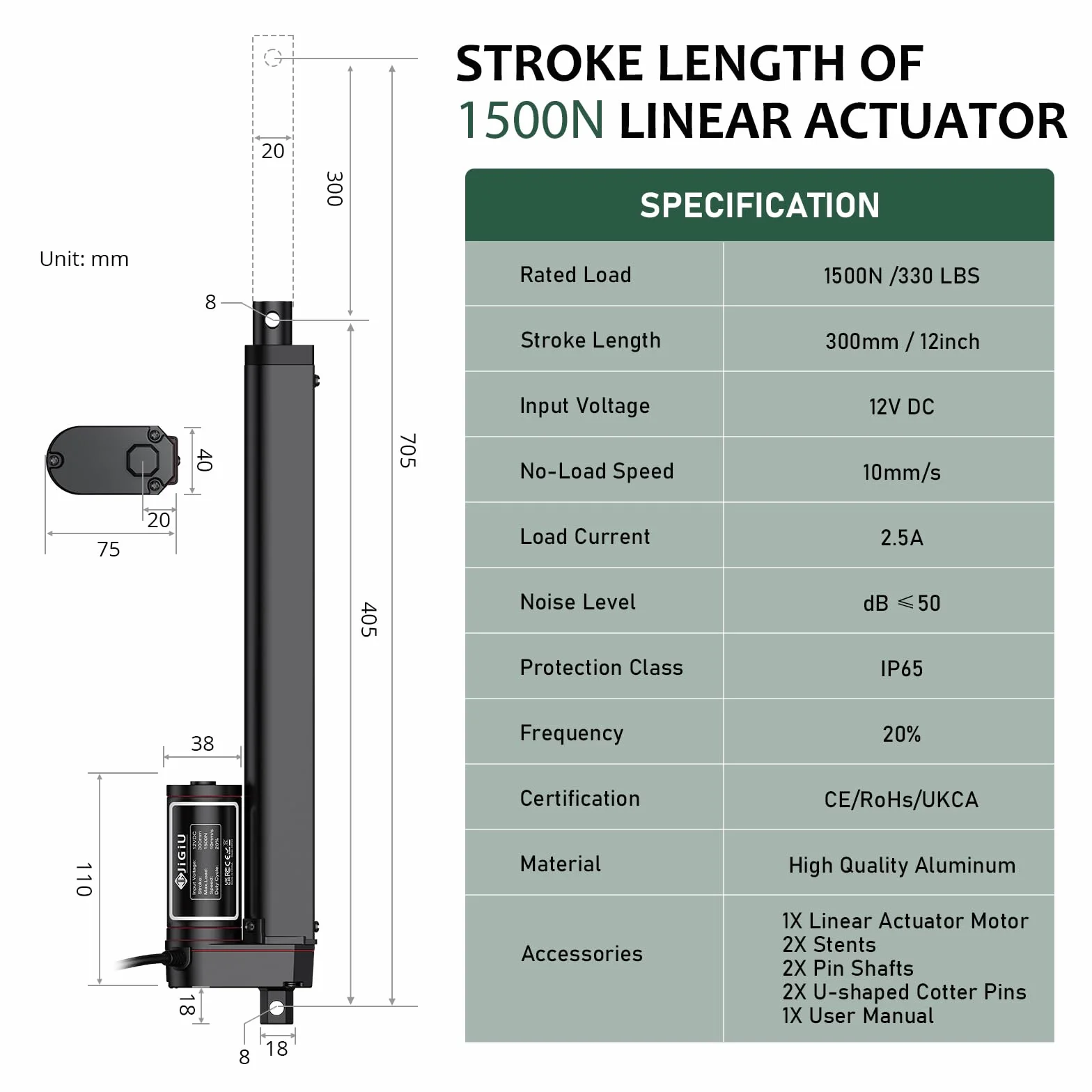 JiGiU siłownik liniowy 1500 N 300 mm DC 12 V IP65 wodoodporny