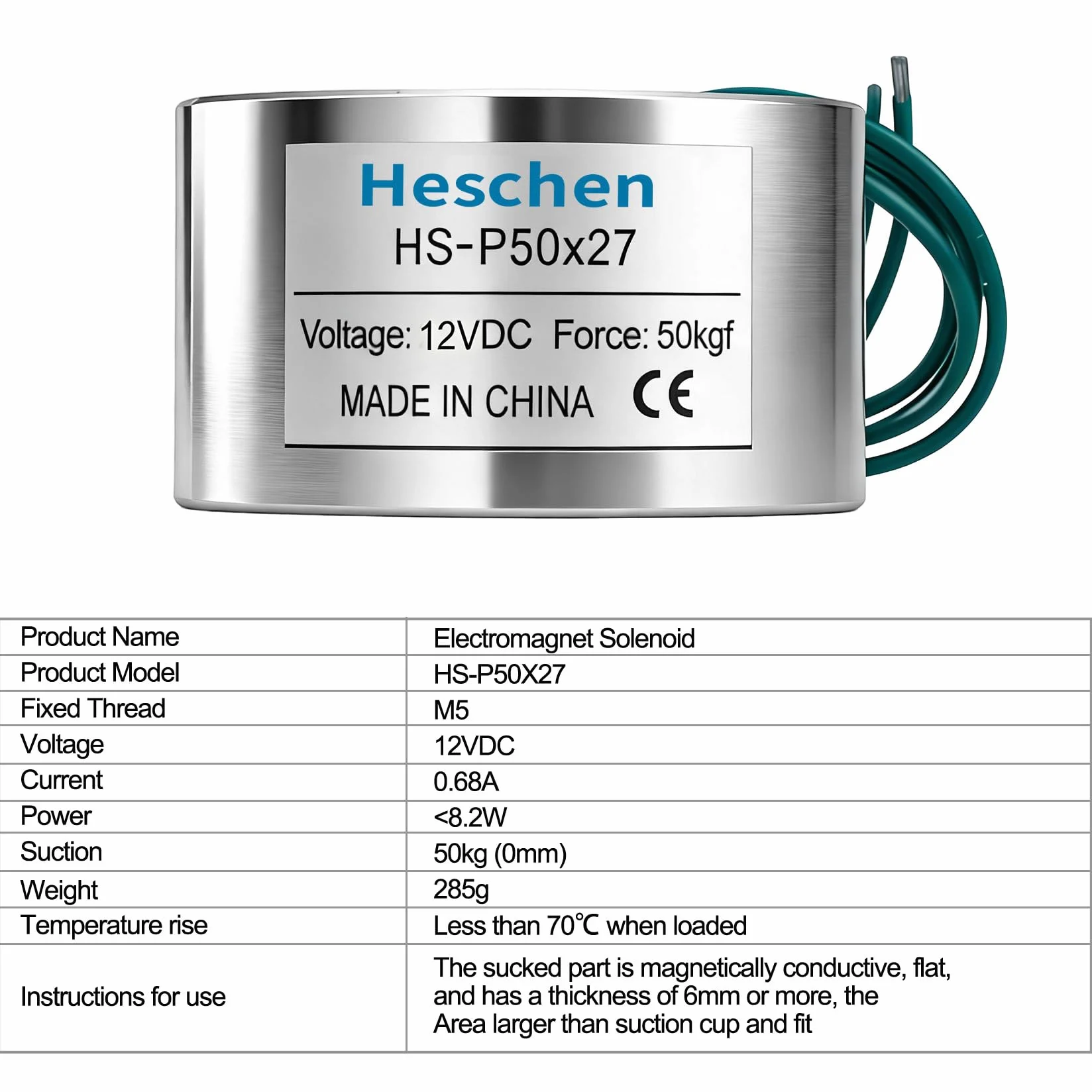 Heschen Elektromagnes P50/27, 12 V, 50 kg, stal nierdzewna, cylindryczny, srebrny