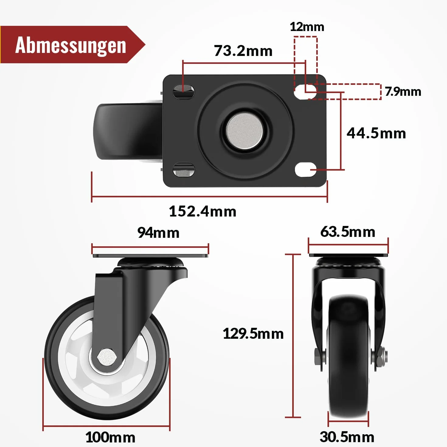100mm kółka obrotowe z hamulcem bezpieczeństwa Zestaw 4 kółek Heavy Duty (2 z hamulcami i 2 bez) kółka meblowe z 600kg całkowitej pojemności
