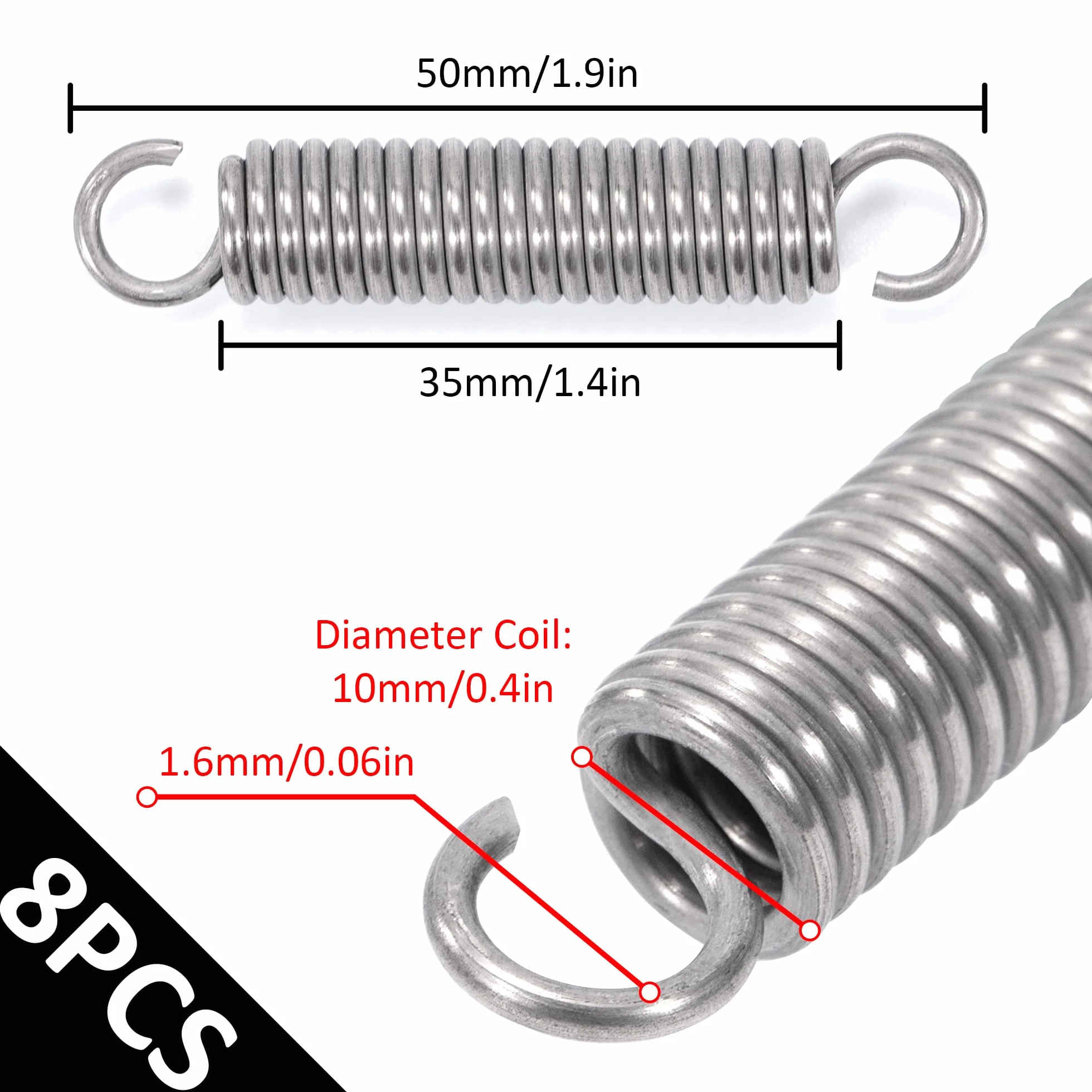 Sprężyny naciągowe stal szlachetna 50 mm średnica zewnętrzna 10 mm drut 1,6 mm siła 7,9 kg 8 sztuk