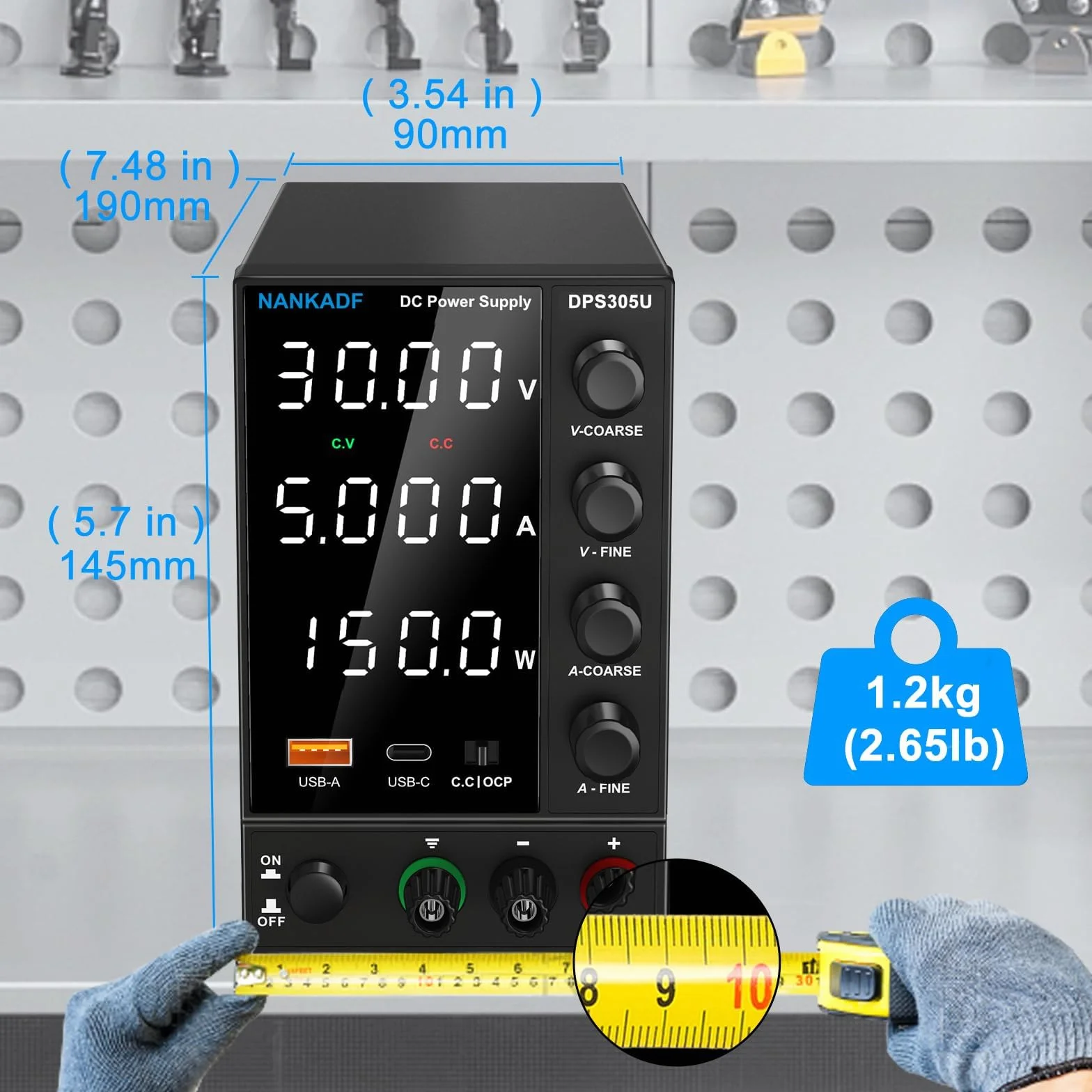 Zasilacz laboratoryjny regulowany 30V 5A DC z USB-A/Type C, precyzyjny wyświetlacz LED