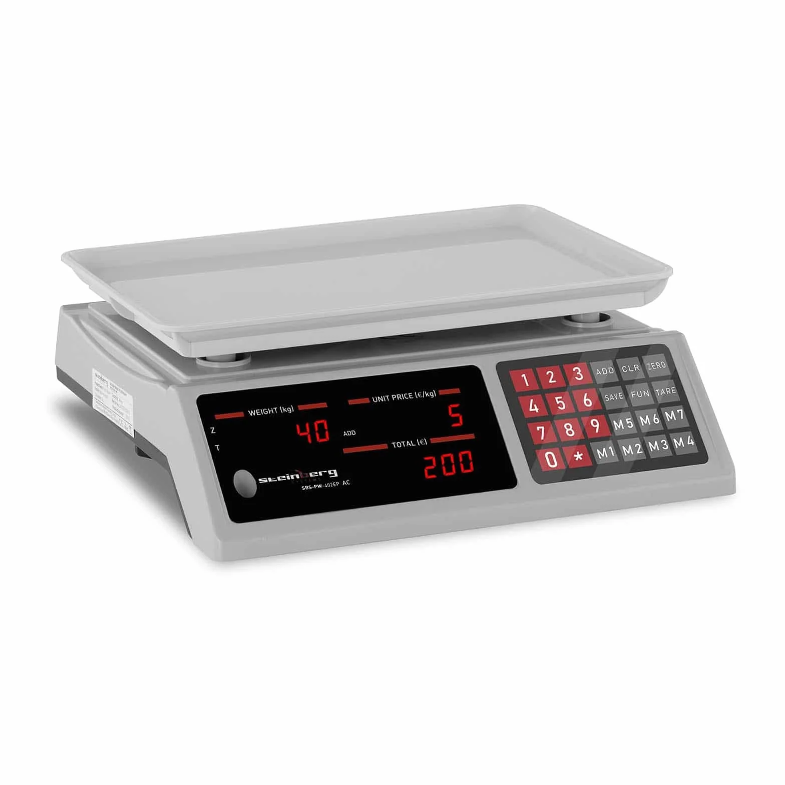 Steinberg Systems Waga kontrolna 40 kg / 2 g Waga cyfrowa 7 miejsc pamięci, waga stołowa z wyświetlaczem LED, wbudowany akumulator