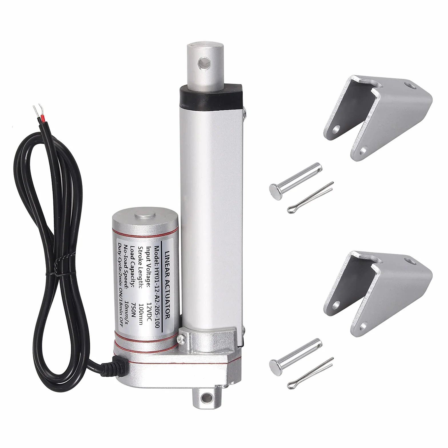 AUTOUTLET Silnik liniowy, napęd regulacyjny, otwieracz bramy, silnik liniowy DC 12 V, 750 N, 100 mm, 10 mm/s, elektryczny cylinder silnik prądu stałego z uchwytem 2 x, do mebli samochodowych itp.,
