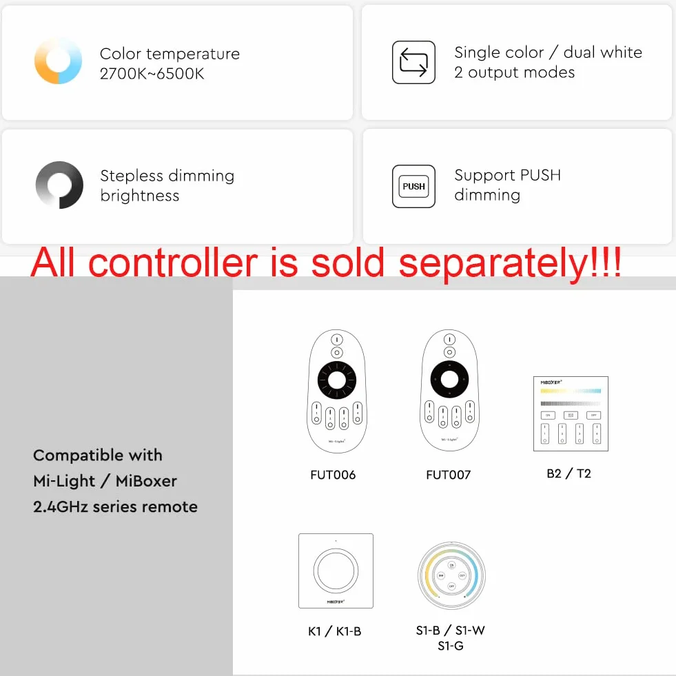 Miboxer 2 przewody 2 w 1 kontroler LED RF 2,4 GHz sterowanie aplikacją smartfona COB CCT podwójny biały taśma LED