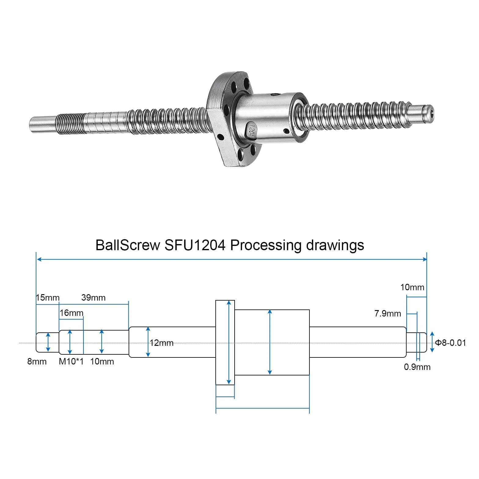 QUARKZMAN BallScrew SFU1204 śruba kulowa 12x4 mm długość 200 mm Anti-Backlash nakrętka zestaw do CNC
