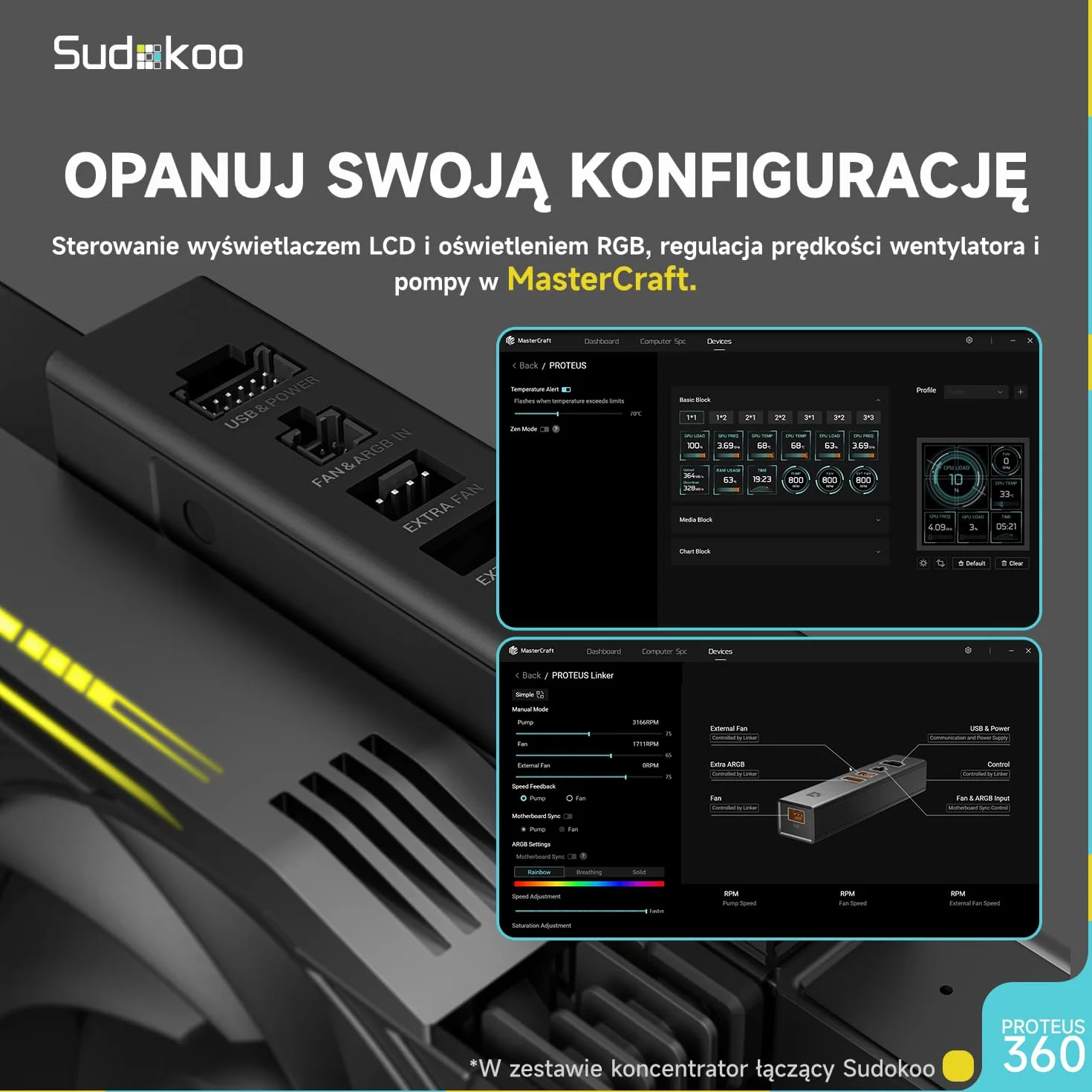 Sudokoo PROTEUS 360 AIO CPU Chłodzenie Wodne, Regulowany Segment, Ekran LCD 3,4", Pompa PWM, TDP 320W, Wentylator o Wysokiej Wydajności 30mm, Intel LGA 1851/1700/1200/115X AMD AM5/AM4