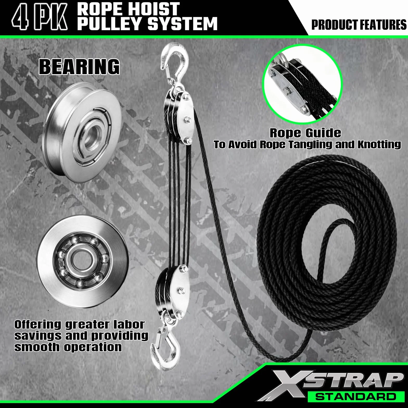 XSTRAP STANDARD Wytrzymały wciągnik linowy o wadze 0,9 kg, obciążenie robocze 453 kg i system koła pasowego do podnoszenia ciężkich przedmiotów (czarny)
