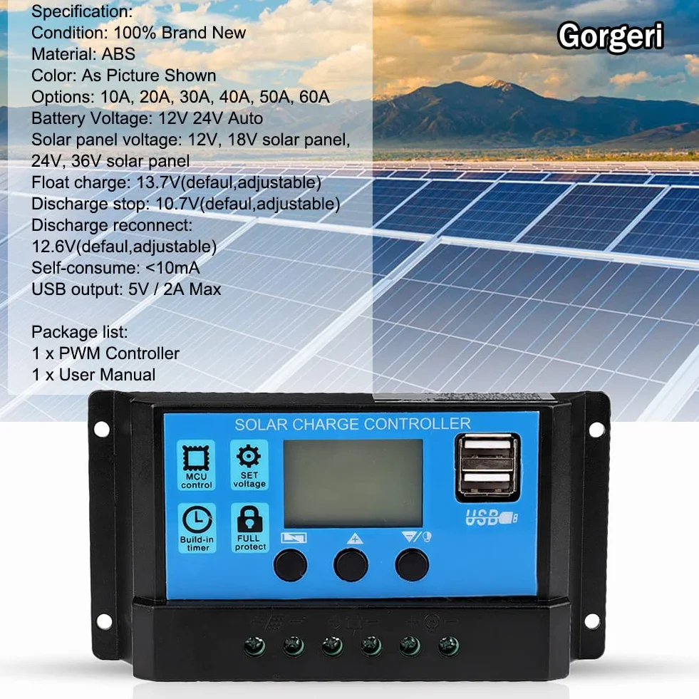 Controlador de carga solar PWM 30A 12V 24V automático