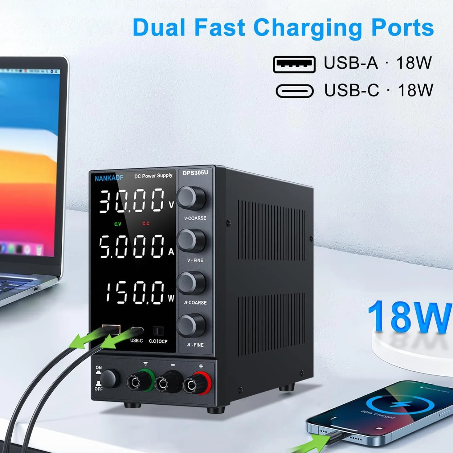 Zasilacz laboratoryjny regulowany 30V 5A DC z USB-A/Type C, precyzyjny wyświetlacz LED