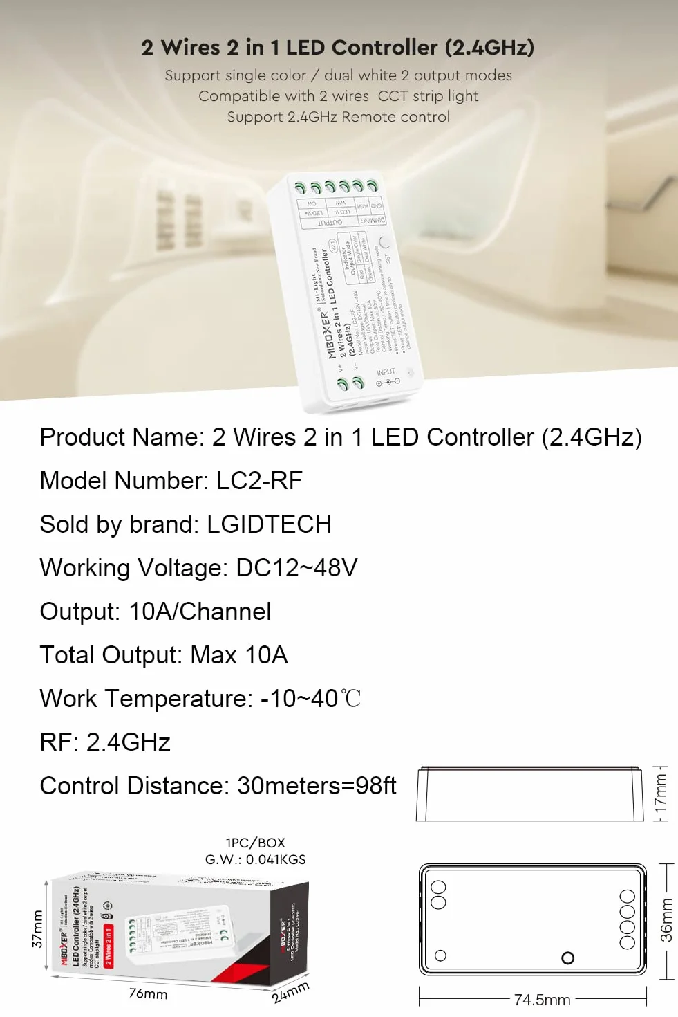 Miboxer 2 przewody 2 w 1 kontroler LED RF 2,4 GHz sterowanie aplikacją smartfona COB CCT podwójny biały taśma LED