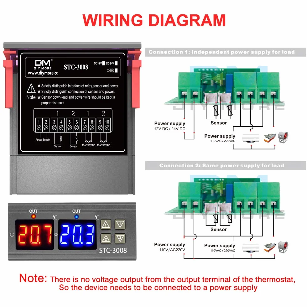 diymore STC-3008 regulator temperatury cyfrowy z podwójnym czujnikiem NTC