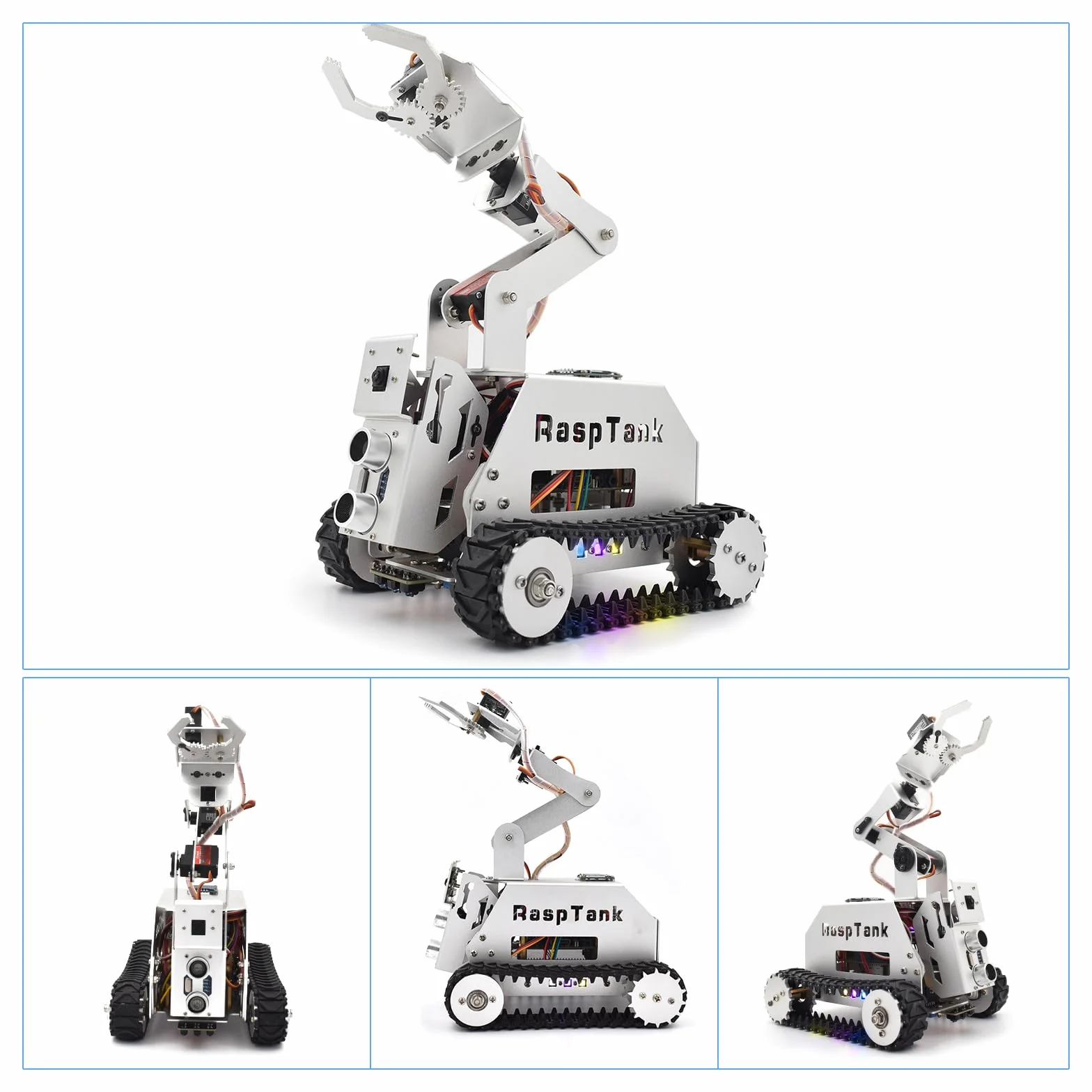 Adeept RaspTank Metal Smart Car Kit for Raspberry Pi 5/4B/3B/3B+(Board Not Included), Tank Tracked Robot with 4-DOF Robotic Arm, OpenCV, Obstacle Avoidance, Line Tracking, with Digital Tutorials