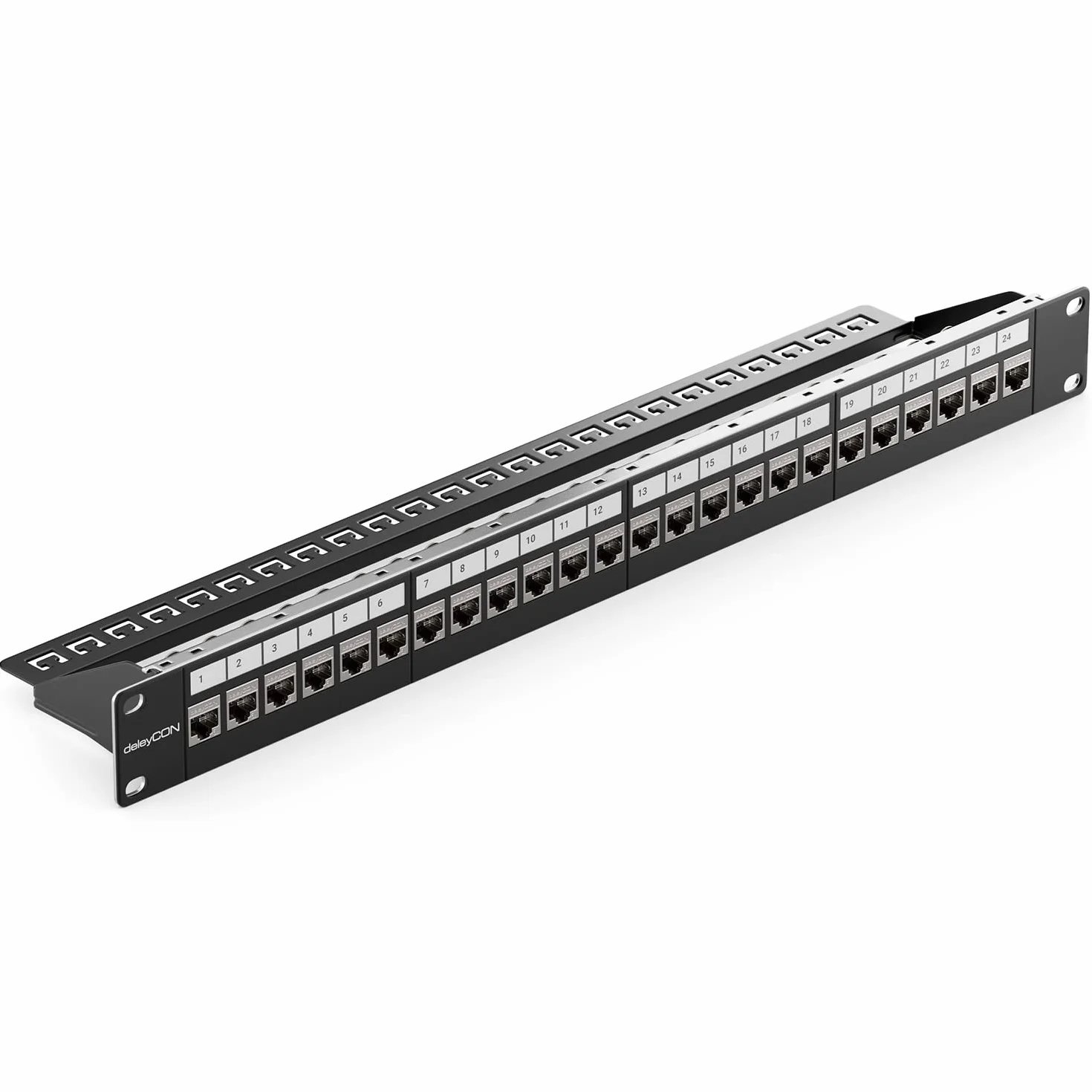 deleyCON 24 Portów Zestaw Paneli Patch Pole Łatki Modułowy 1 HE 19" Calowy Montaż w Szafie + 24x RJ45 Keystone Moduły CAT6a Kompatybilny z CAT5 CAT6 CAT7 LAN Kabel Sieciowy Kabel do Układania Czarny