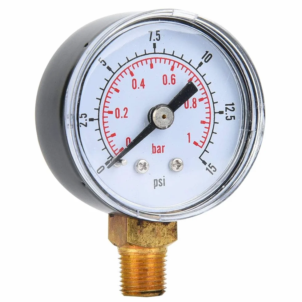 1/8 Cala BSPT Manometr do Montażu Dolnego Mocowanie Dolne, Manometr Powietrza Miernik Ciśnienia Powietrza do Testu Ciśnienia Oleju Wodnego i Paliwa Powietrza (0-15 psi, 0-1 bar)