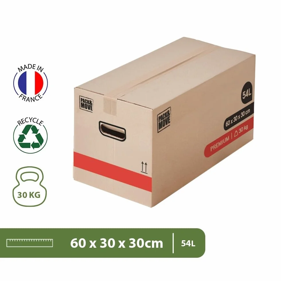 Pack and Move - Zestaw 30 kartonów przeprowadzkowych premium - 60 x 30 x 30 - ekstremalna wytrzymałość 30 kg - wielokrotnego użytku - wzmocnione uchwyty - 2 naklejki w zestawie