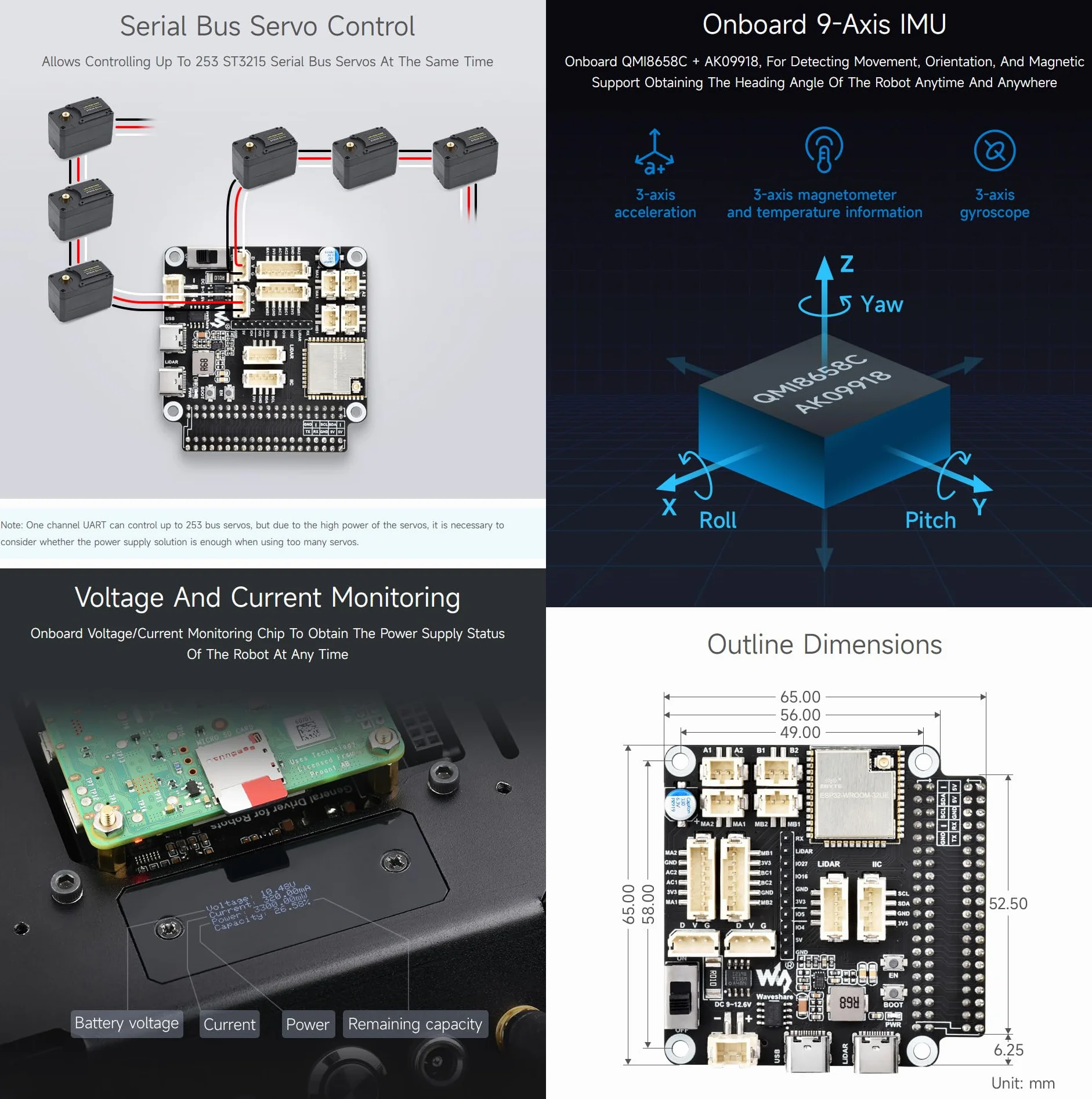 Waveshare General Driver Board for Robots, Multi-Function Expansion, WiFi/ESP-NOW, Compatible with Raspberry Pi, Jetson Nano, ESP32-WROOM-32, ESP32 Dev Board
