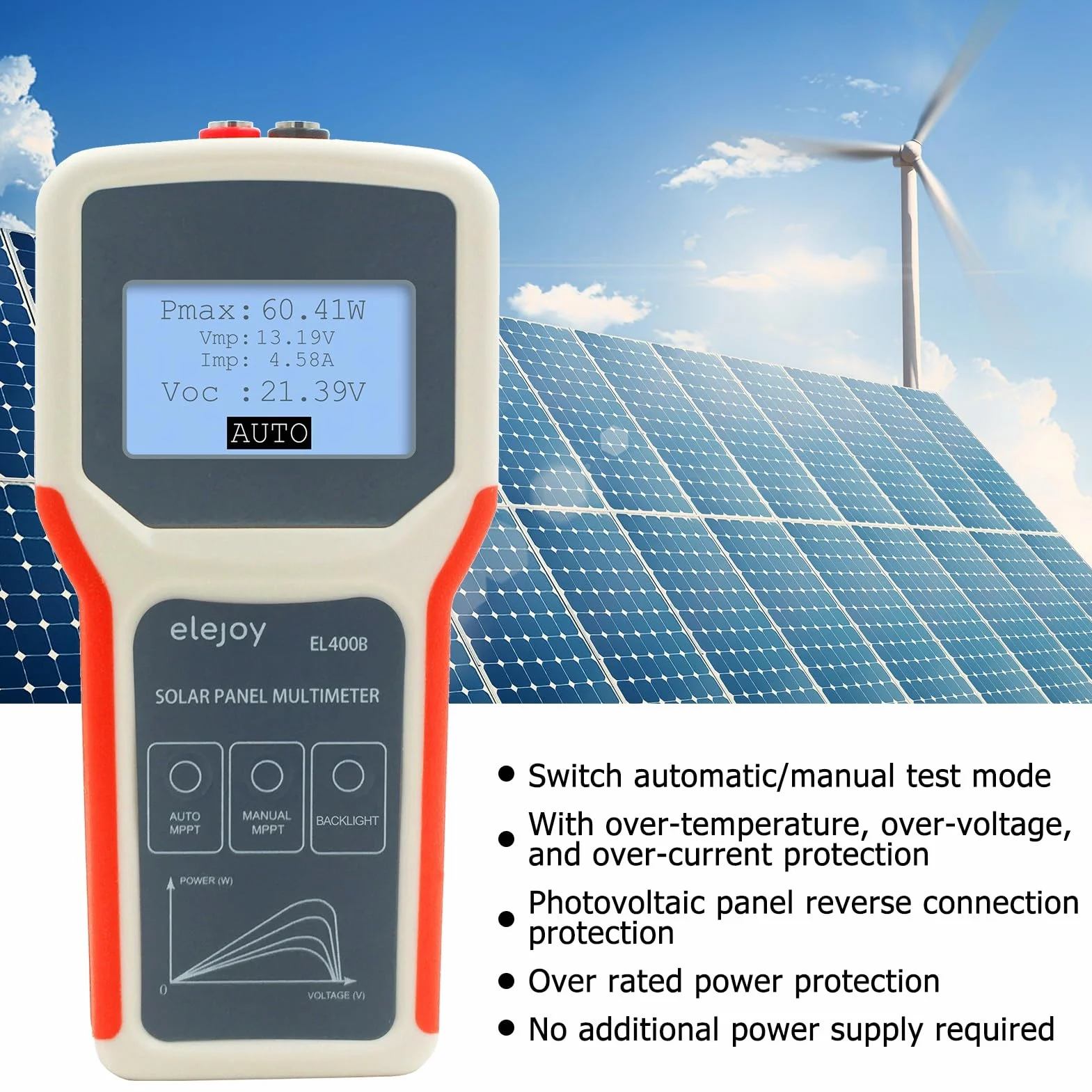 BuyWeek Tester MPPT paneli słonecznych 400 W, multimetr fotowoltaiczny z wyświetlaczem LCD, nie wymaga prądu, do paneli słonecznych PV modułów PV rozwiązywanie problemów (EL400B)