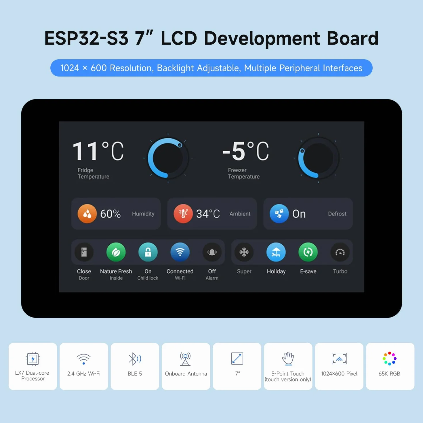 Waveshare ESP32-S3 Development Board 7inch LCD 1024x600 Touch Wi-Fi BT