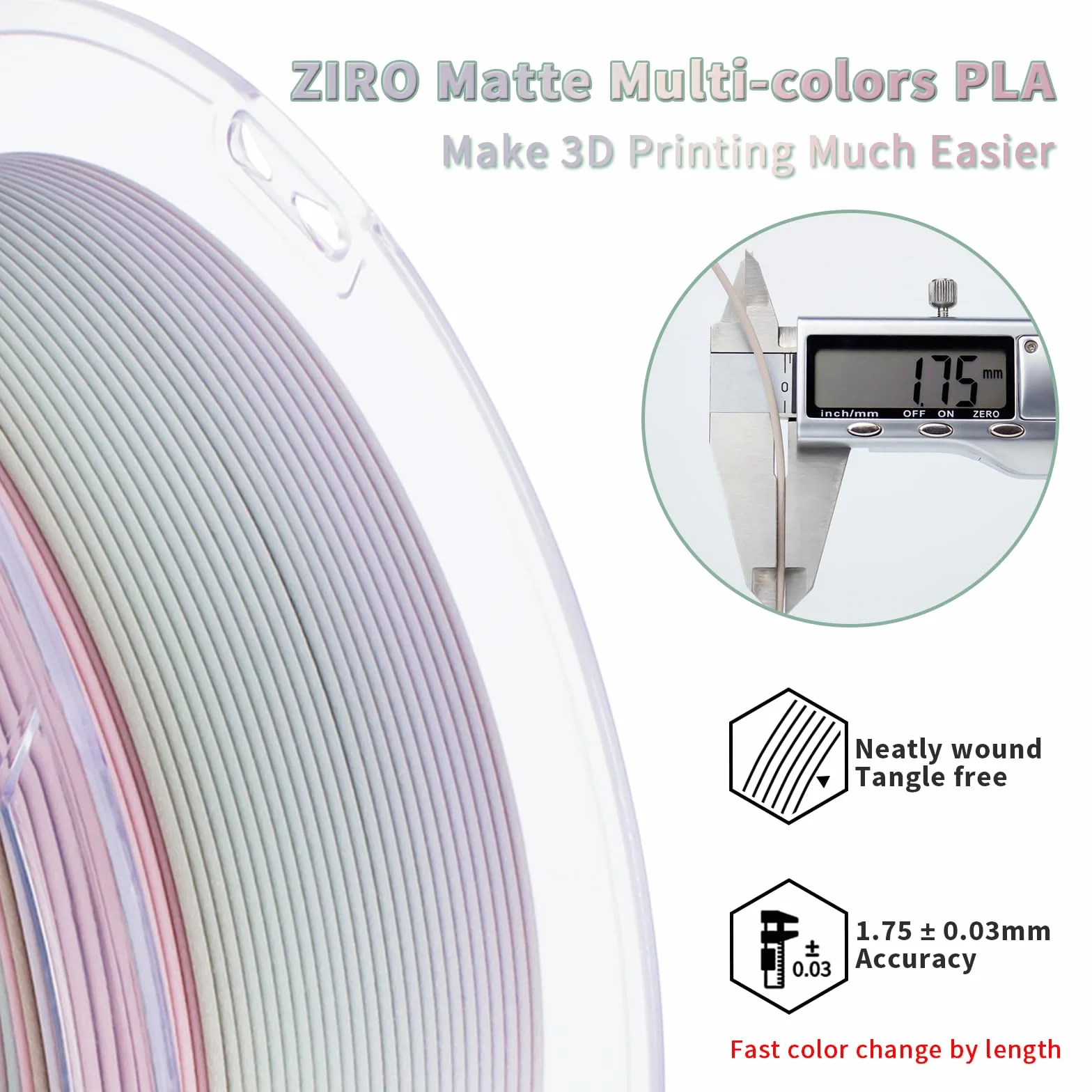 ZIRO Matowy Wielokolorowy Filament PLA 1.75mm Zmiana Koloru Według Długości Dokładność Wymiarowa +/-0.03mm do Drukarki 3D