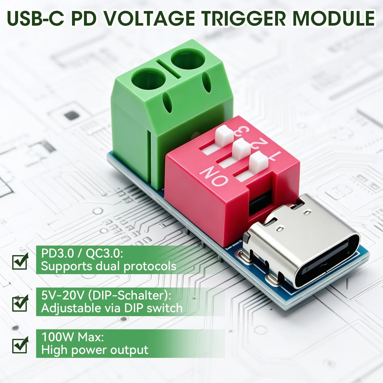 5 sztuk USB C PD Wyzwalacz Moduł,PD/QC Decoy Board z DIP,Wyzwalacz Napięcie Regulowane 5V/9V/12V/15V/20V,Moduł Dostawy Doładowania 100W dla DIY,Laboratorium i Testowanie