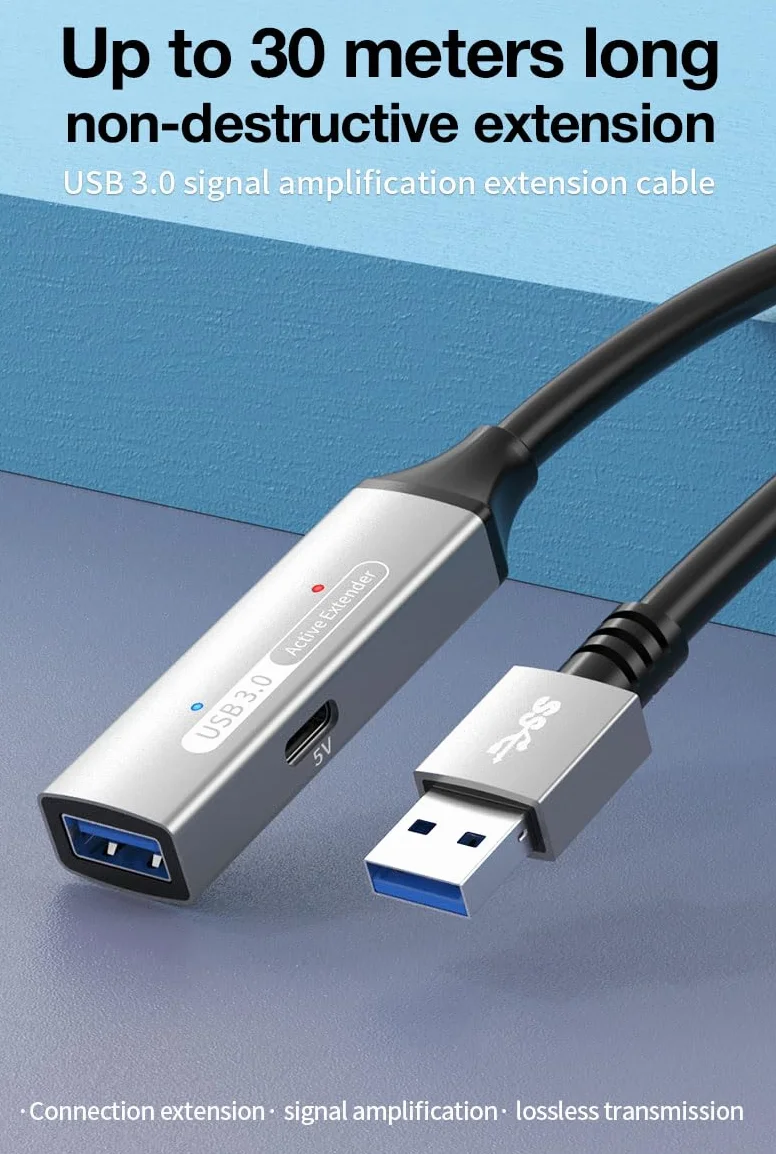 Aktywny Przedłużacz USB 3.2 Gen 1 20m, Złącze Żeńskie Typu A do Męskiego, SuperSpeed 5Gbit/s, Ekranowany, Aluminiowy, Czarny