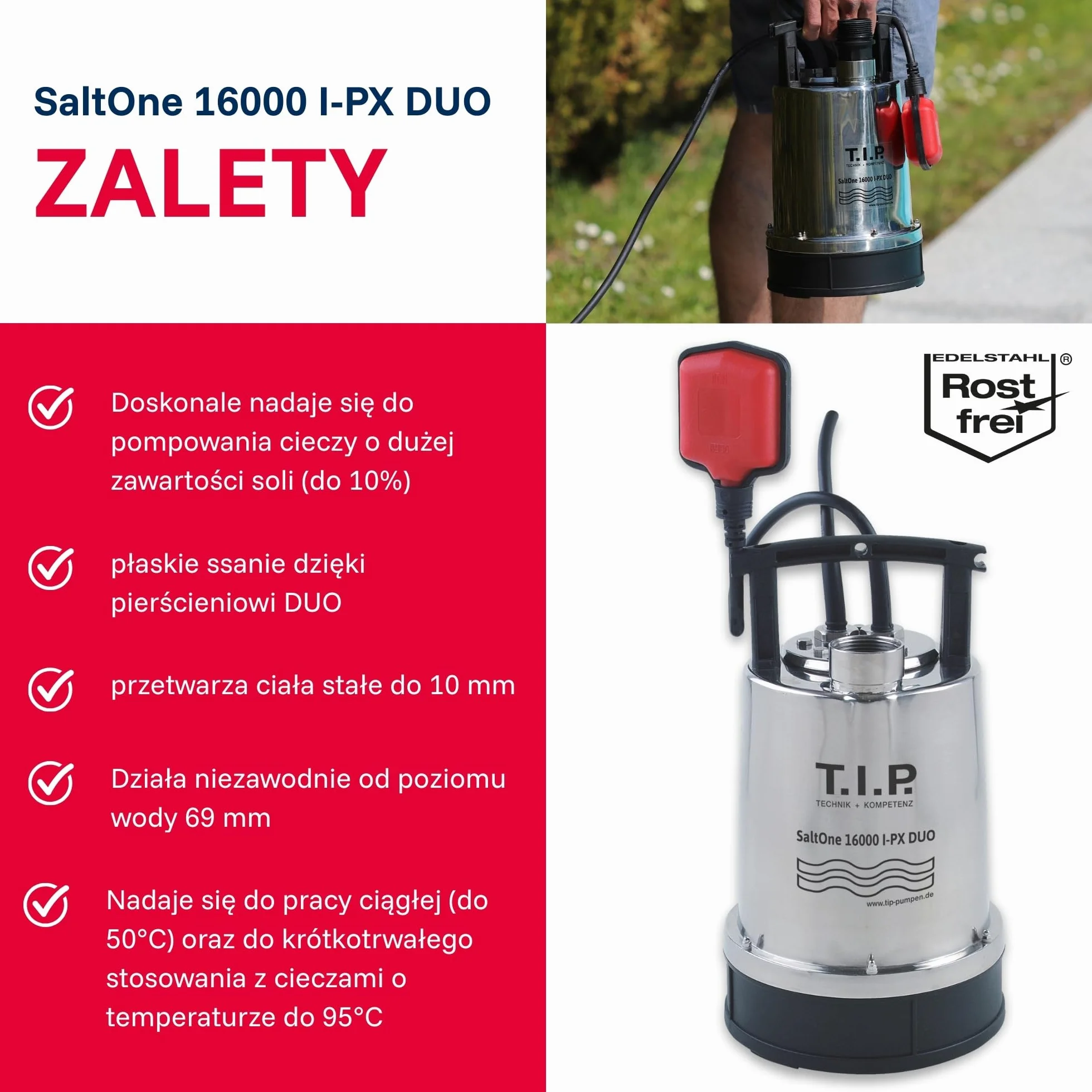 T.I.P. SaltOne 16000 I-PX DUO Pompa Zanurzalna do Brudnej Wody 16000 l/h Stal Nierdzewna 1mm Płaskie Zasysanie