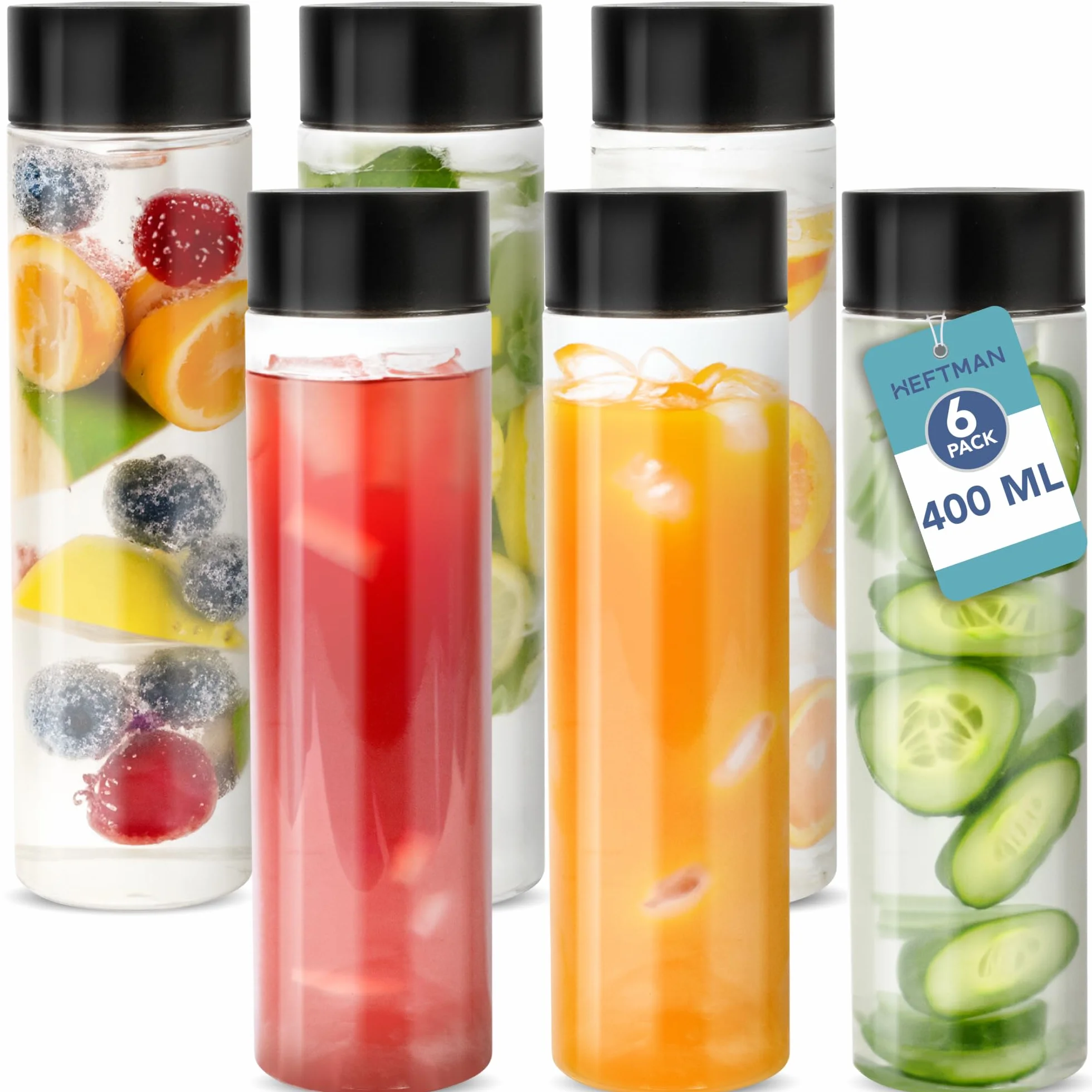 HEFTMAN Plastikowe butelki na soki z pokrywką, 6 szt., 400 ml, przezroczyste puste butelki sensoryczne z czarnymi nakrętkami, bezpieczne dla zwierząt domowych, idealne do napojów w podróży, wody, soku
