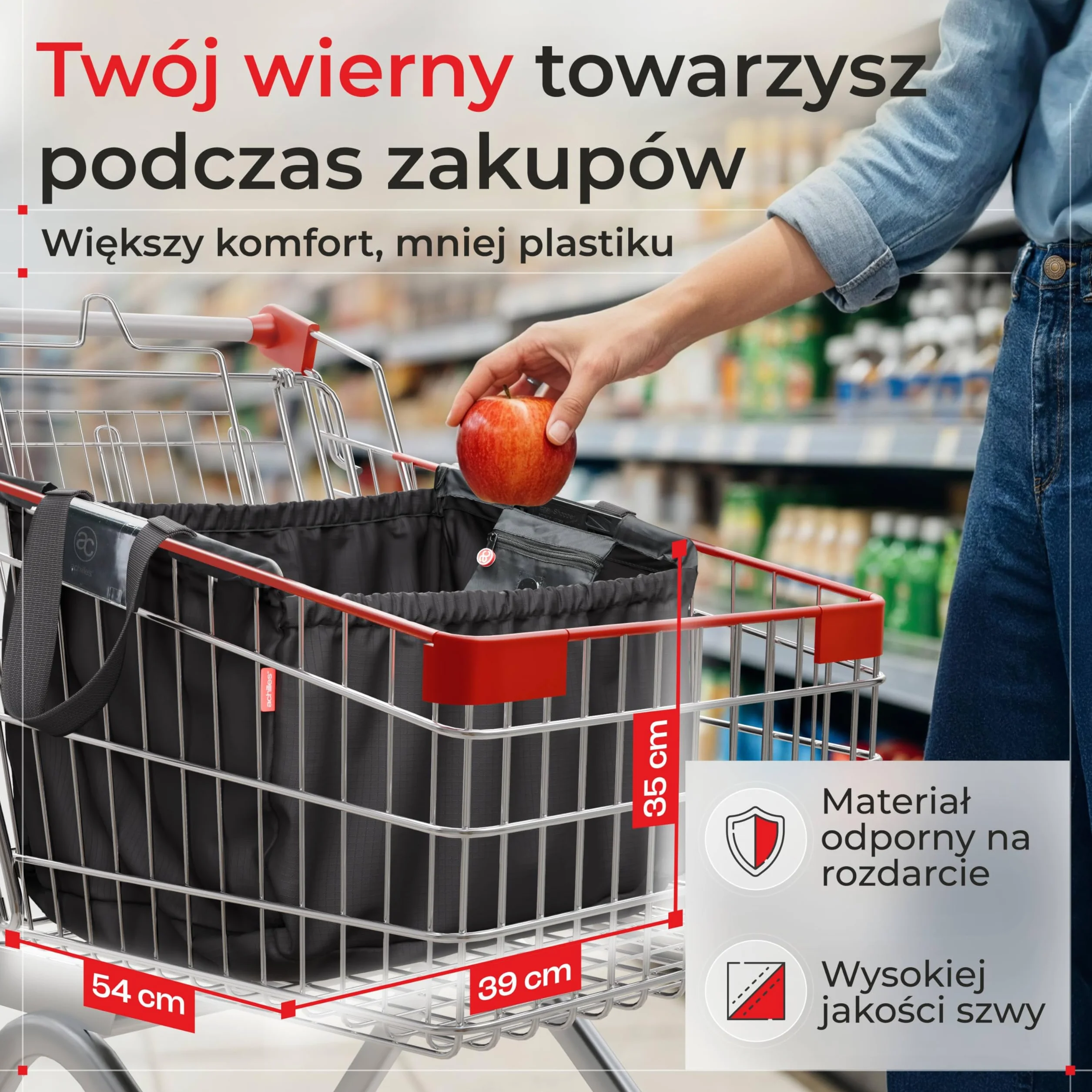 achilles Torba do wózka na zakupy, składana, do zawieszenia, torba na zakupy, 54 cm x 35 cm x 39 cm, czarny, 54x35x39cm