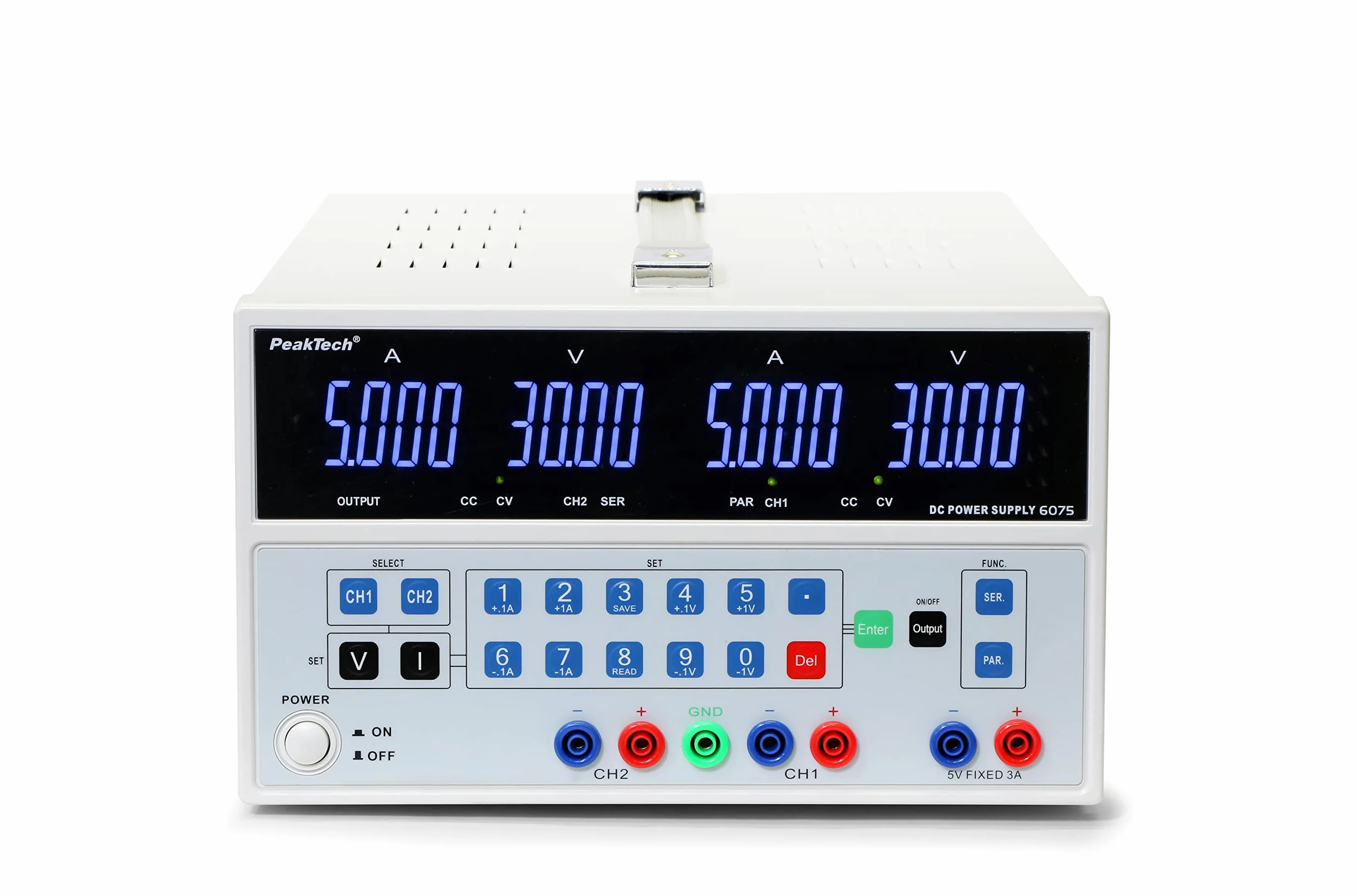 PeakTech P 6075 - Liniowy podwójny zasilacz laboratoryjny ~ 0-30 V / 0-5 A ~ z przyciskiem sterującym