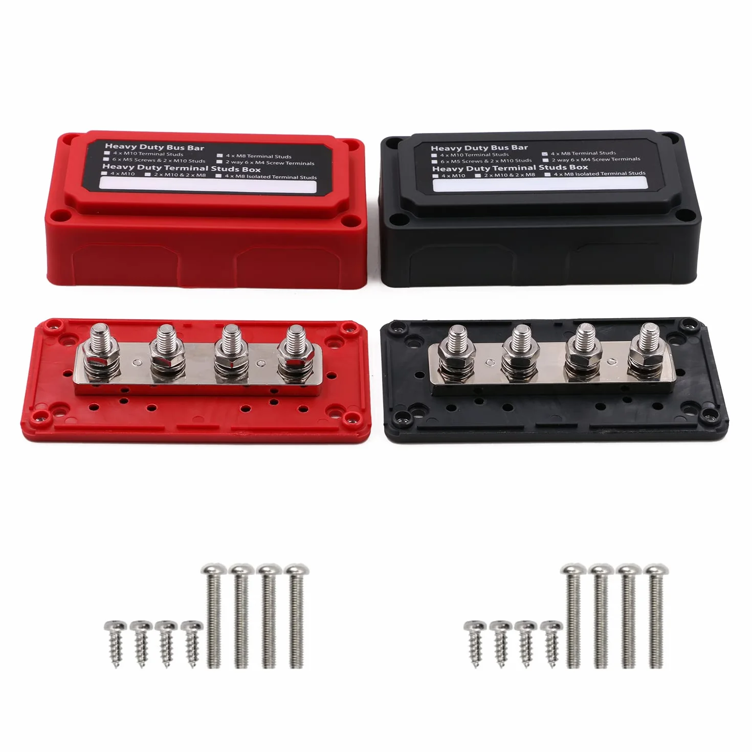 12 V DC Busbar 300A 48 V z 4 śrubami M8, blok rozdzielacza prądu, akumulator Heavy Duty Busbar do samochodu, morskiego, solarnego RV, czerwony, czarny, 2 opakowania