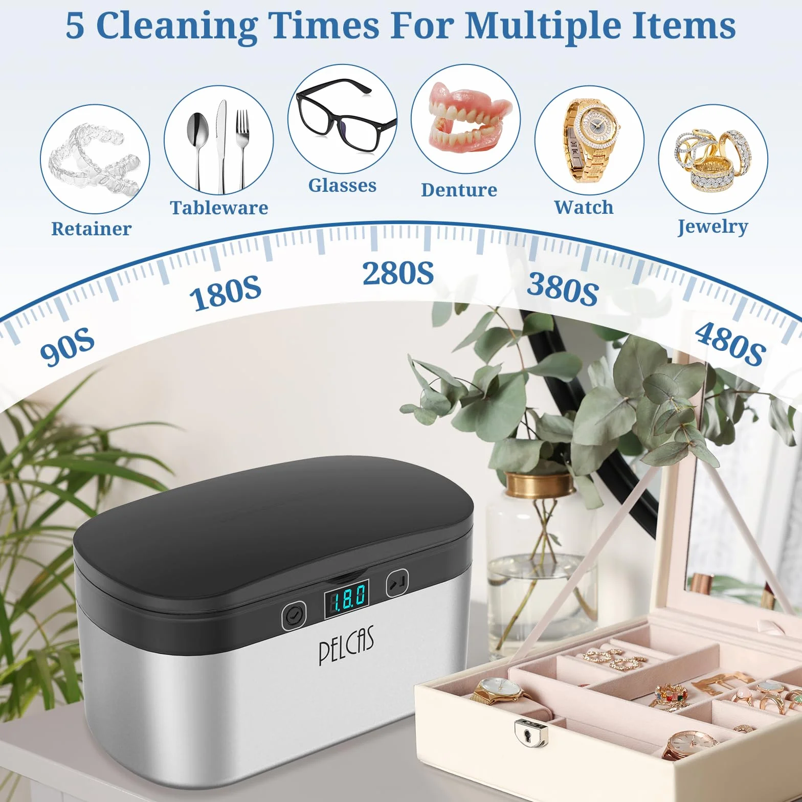 PELCAS Ultrasonic Cleaner 500 ml - Ulepszenie Urządzenie Ultradźwiękowe 45KHz Ekran Dotykowy Ultrasonic Cleaner z 5 Ustawieniami Czasu 38W Ultrasonic Bath do Makijażu Szczotki Zegarki do Okularów