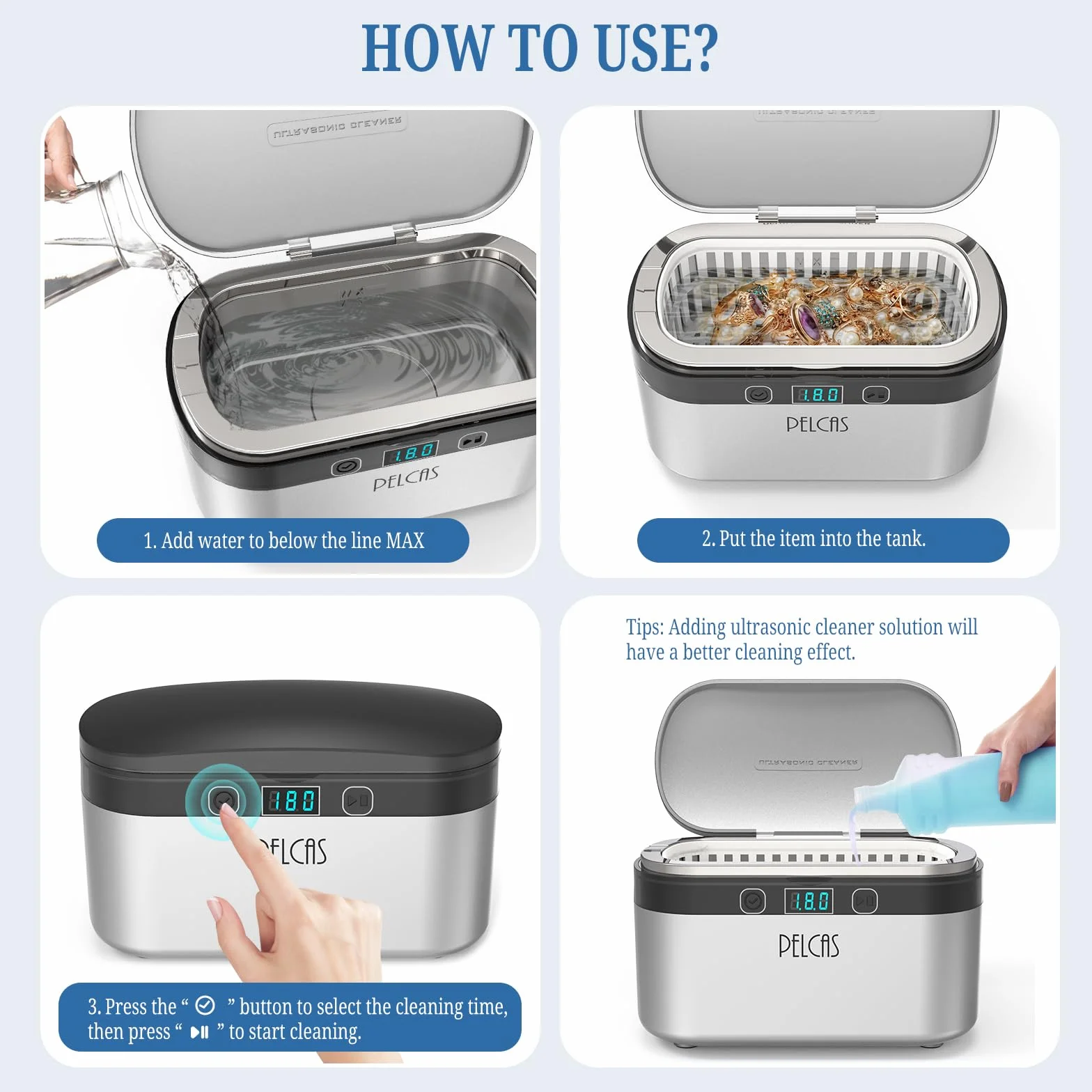 PELCAS Ultrasonic Cleaner 500 ml - Ulepszenie Urządzenie Ultradźwiękowe 45KHz Ekran Dotykowy Ultrasonic Cleaner z 5 Ustawieniami Czasu 38W Ultrasonic Bath do Makijażu Szczotki Zegarki do Okularów