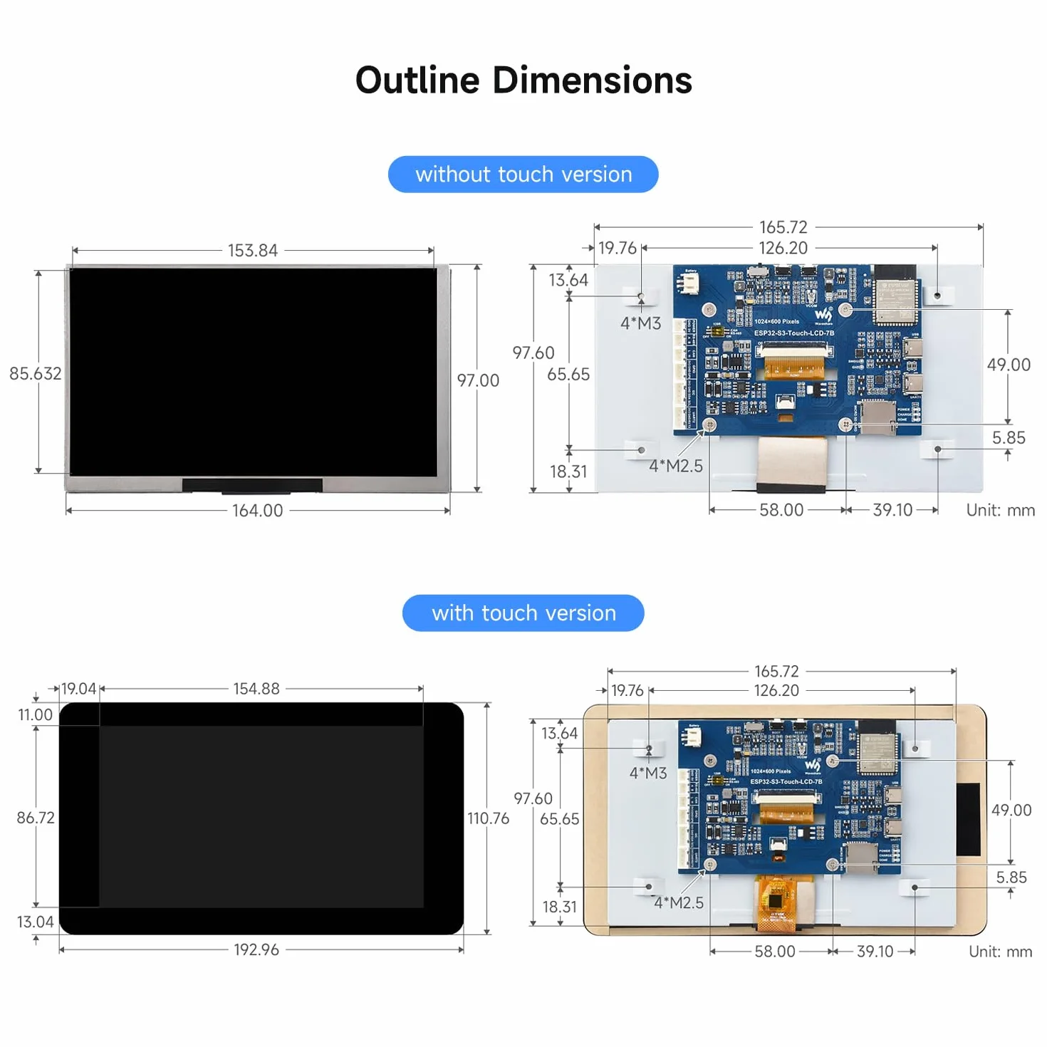Waveshare ESP32-S3 Development Board 7inch LCD 1024x600 Touch Wi-Fi BT