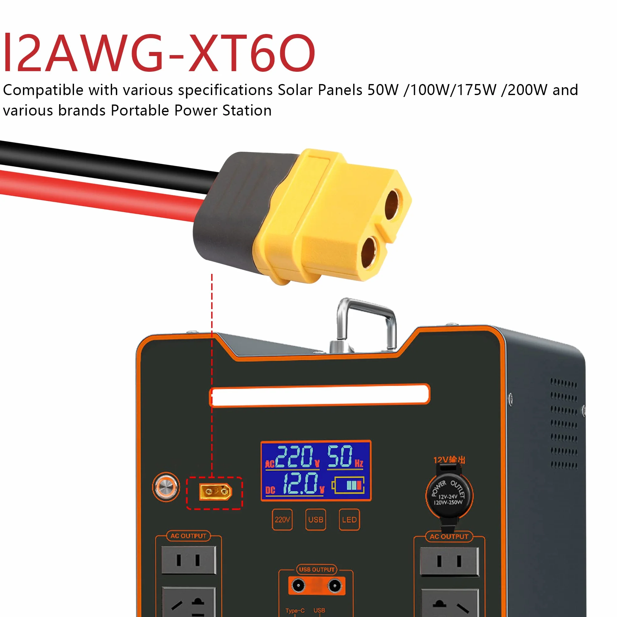 Kabel zasilający słoneczny XT60 3mm² 60cm 12AWG do przenośnej stacji zasilania generatora solarnego
